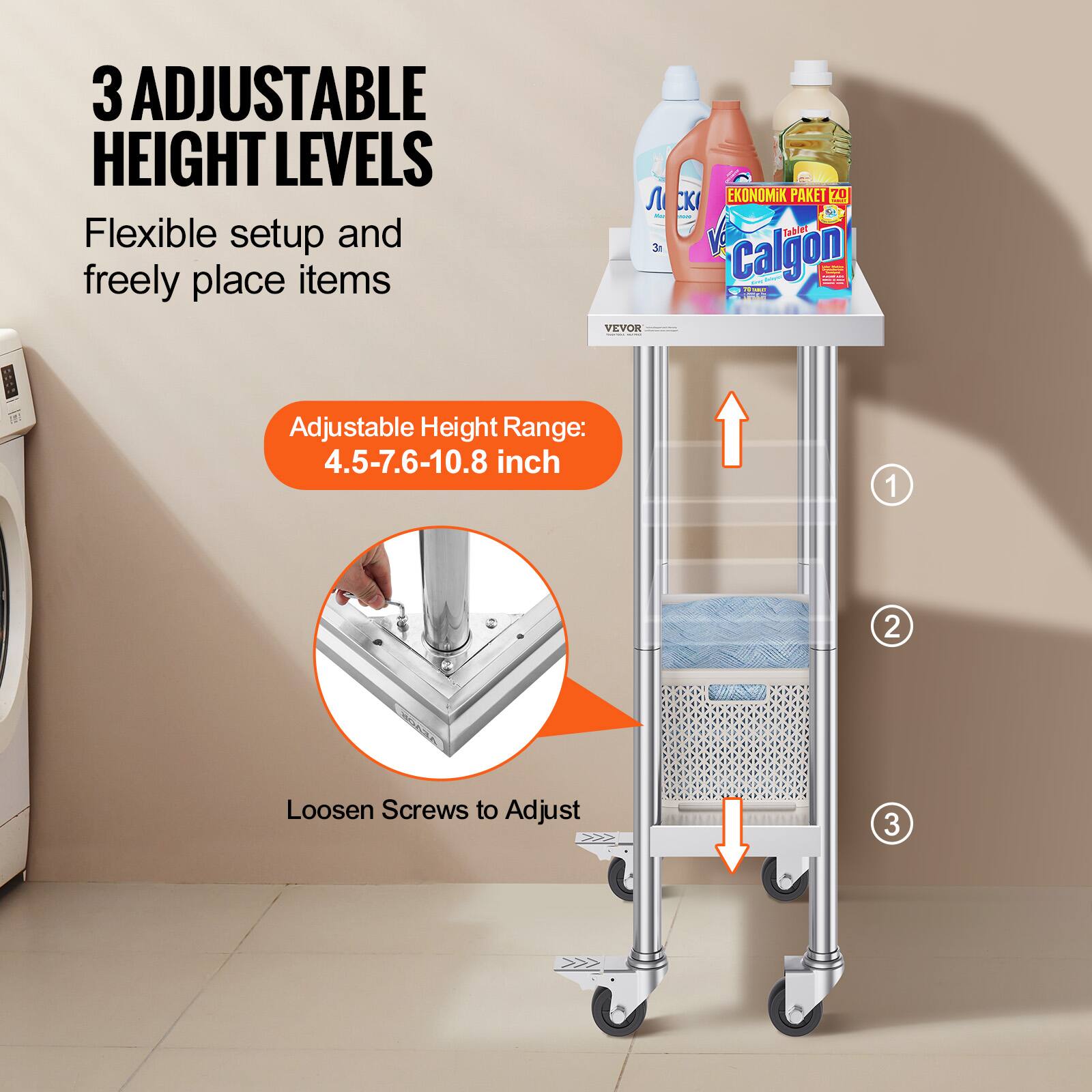 3 Adjustable Height Levels  
Flexible setup and freely place items  

Adjustable Height Range: 4.5-7.6-10.8 inch  

Loosen Screws to Adjust