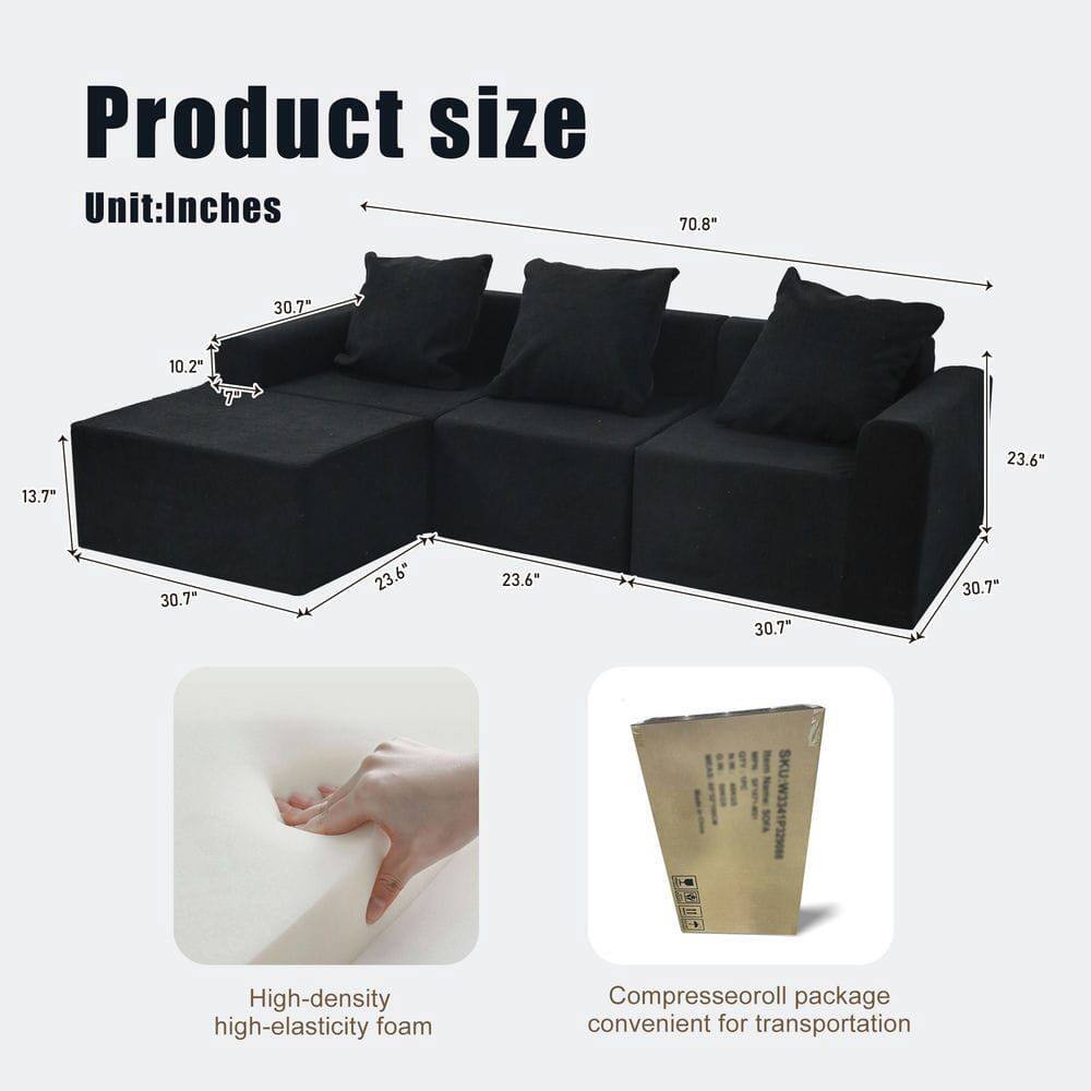 Product size  
Unit: Inches  
70.8" x 30.7" x 23.6" x 30.7" x 23.6" x 13.7" x 10.2" x 23.6" x 30.7" x 30.7"  

High-density high-elasticity foam  
Compresseroll package convenient for transportation