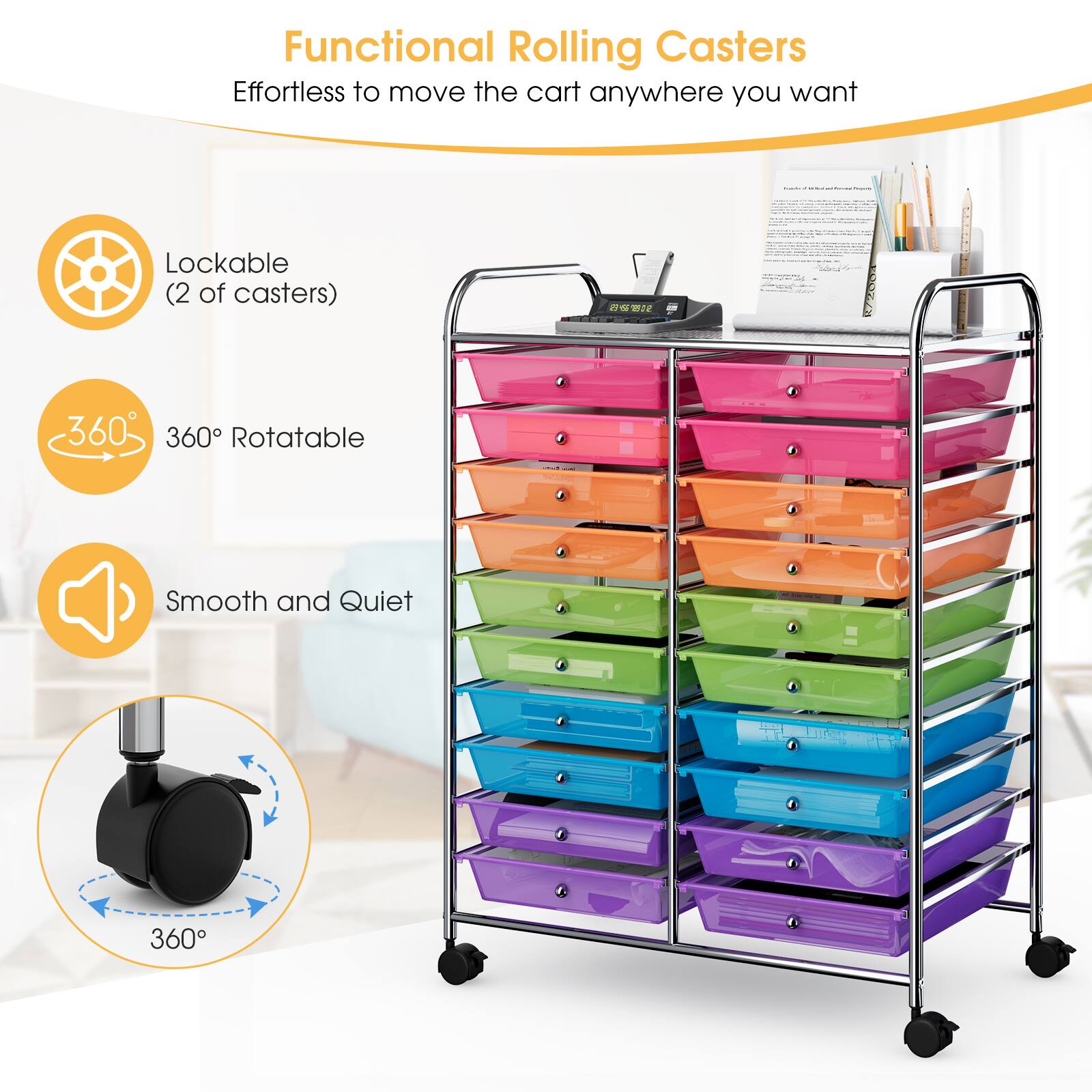 Functional Rolling Casters: Effortless to move the cart anywhere you want. - Lockable (2 of casters) 12 360 360 Rotatable. - Smooth and Quiet.