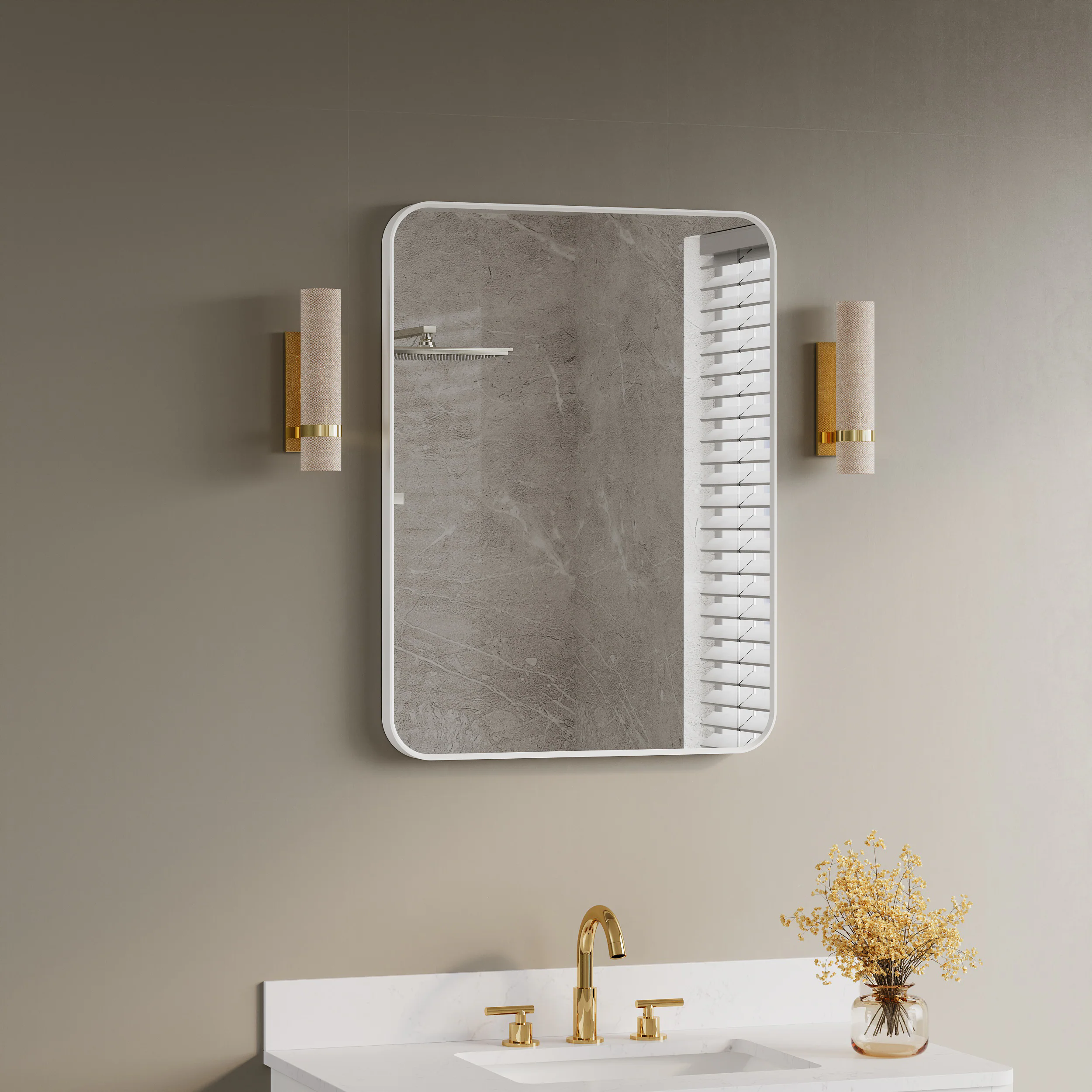 Back. WELLFOR - 24 in. W. x 32 in. H Rectangular Aluminum Framed Wall-Mounted Bathroom Vanity Mirror - White.