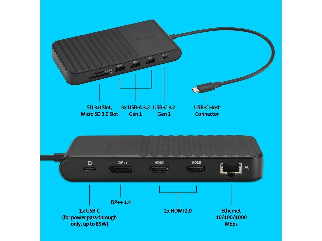 - SD 3.0 Slot
- Micro SD 3.0 Slot
- 3x USB-A 3.2 Gen 1
- USB-C 3.2 Gen 1
- USB-C Host Connector
- DP++ 1.4
- 2x HDMI 2.0
- Ethernet 10/100/1000 Mbps
- 1x USB-C (for power pass-through only, up to 85W)