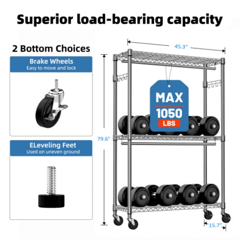 Superior load-bearing capacity

2 Bottom Choices
- Brake Wheels: Easy to move and lock
- ELeveling Feet: Used on uneven ground

MAX 1050 LBS

Dimensions:
- 45.3" (width)
- 79.6" (height)
- 15.7" (depth)