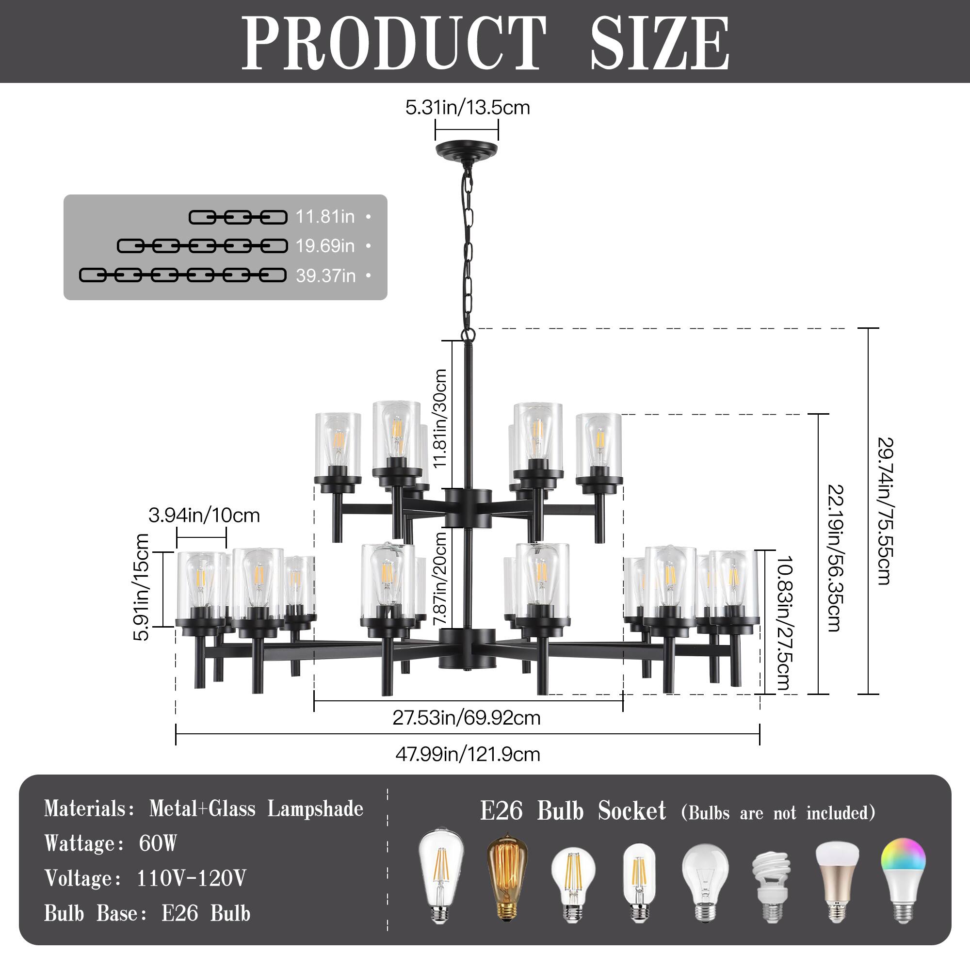 **PRODUCT SIZE**

- **Height:** 5.31in / 13.5cm
- **Chain Length:** 11.81in / 30cm
- **Total Height:** 19.69in / 49.99cm
- **Overall Height:** 39.37in / 100cm

**Dimensions:**
- **Lampshade:** 5.91in / 15cm (diameter) x 3.94in / 10cm (height)
- **Base:** 11.81in / 30cm (width) x 7.87in / 20cm (depth)
- **Overall Width:** 27.53in / 69.92cm
- **Overall Depth:** 47.99in / 121.9cm

**Materials:** Metal + Glass Lampshade

**Wattage:** 60W

**Voltage:** 110V-120V

**Bulb Base:** E26 Bulb

**Bulb Socket:** E26 (Bulbs are not