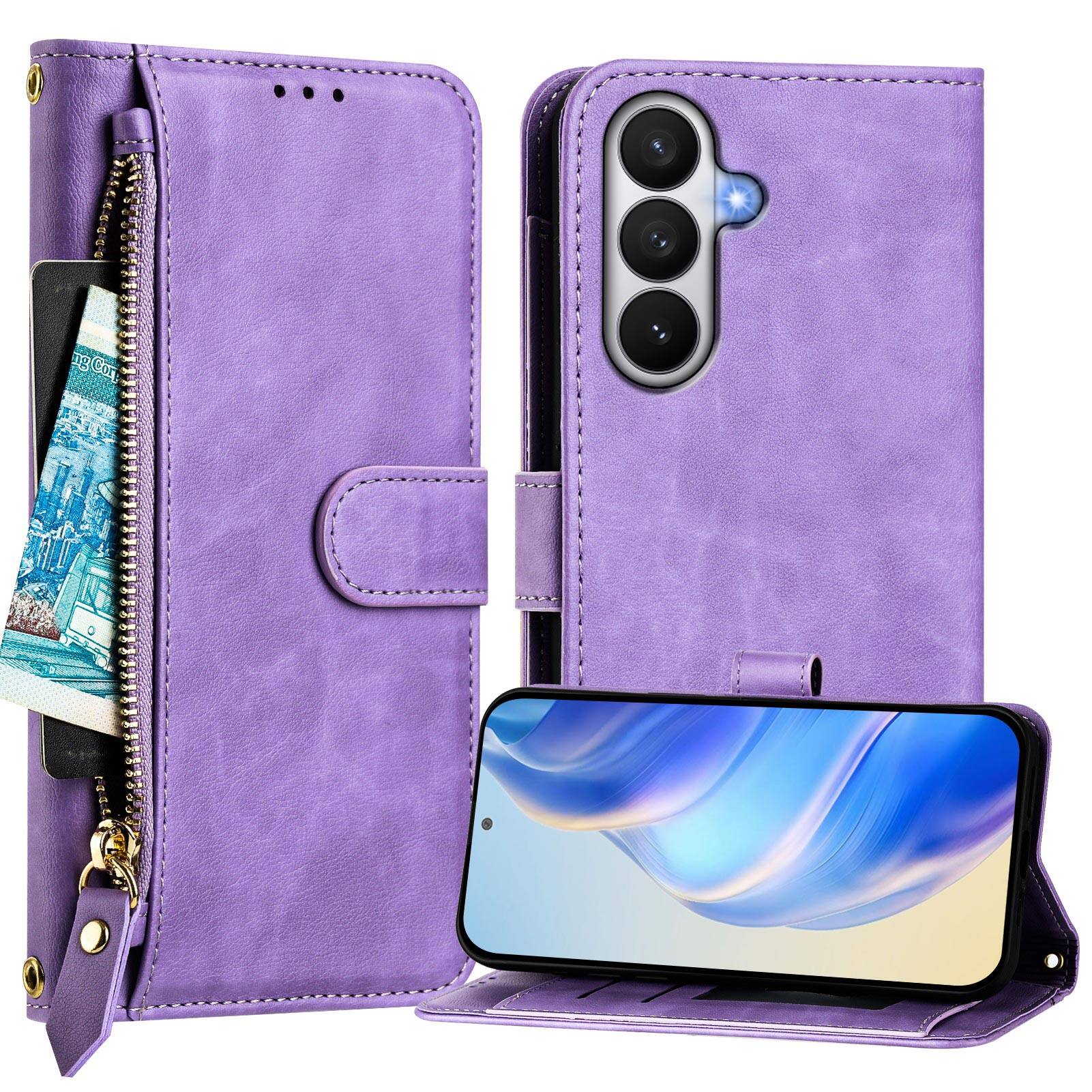 Angle. UUCOVER - Zipper Wallet Case for Samsung Galaxy S26 Magnetic PU Leather Card Slots Stand Cover with Shoulder / Wrist Strap - Purple.