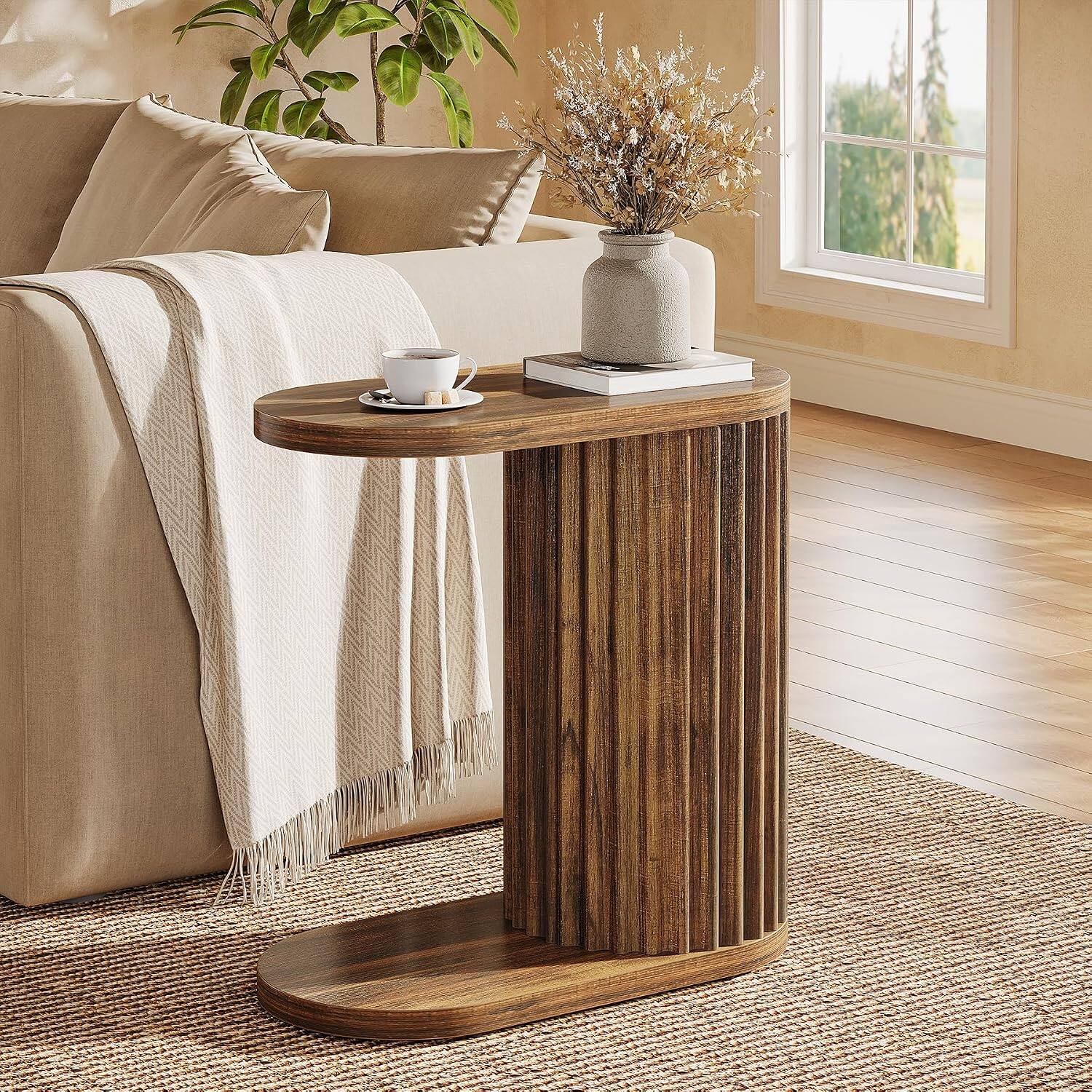 Alt View 3. Tribesigns - End Table with Engineered Wood Construction and Fluted Design for Books, Drinks and Everyday Essentials - Brown.