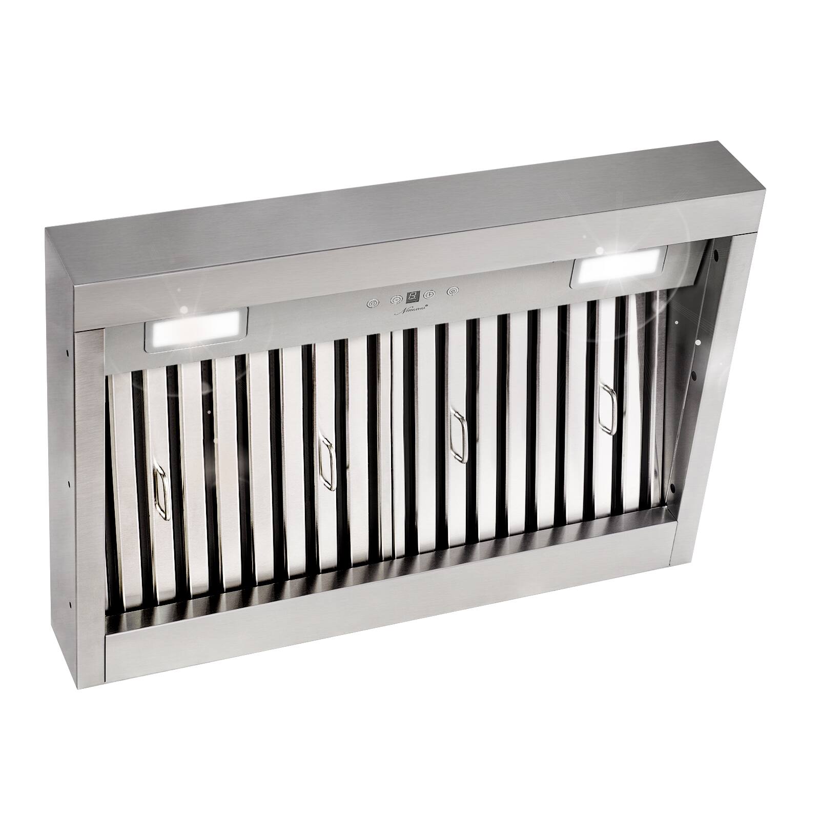 Left. Akicon - Akicon 30 inch Ducted 600-CFM Range Hood Insert with 4-Speed Fan, 2 LED Lights and Baffle Filter - Stainless steel.