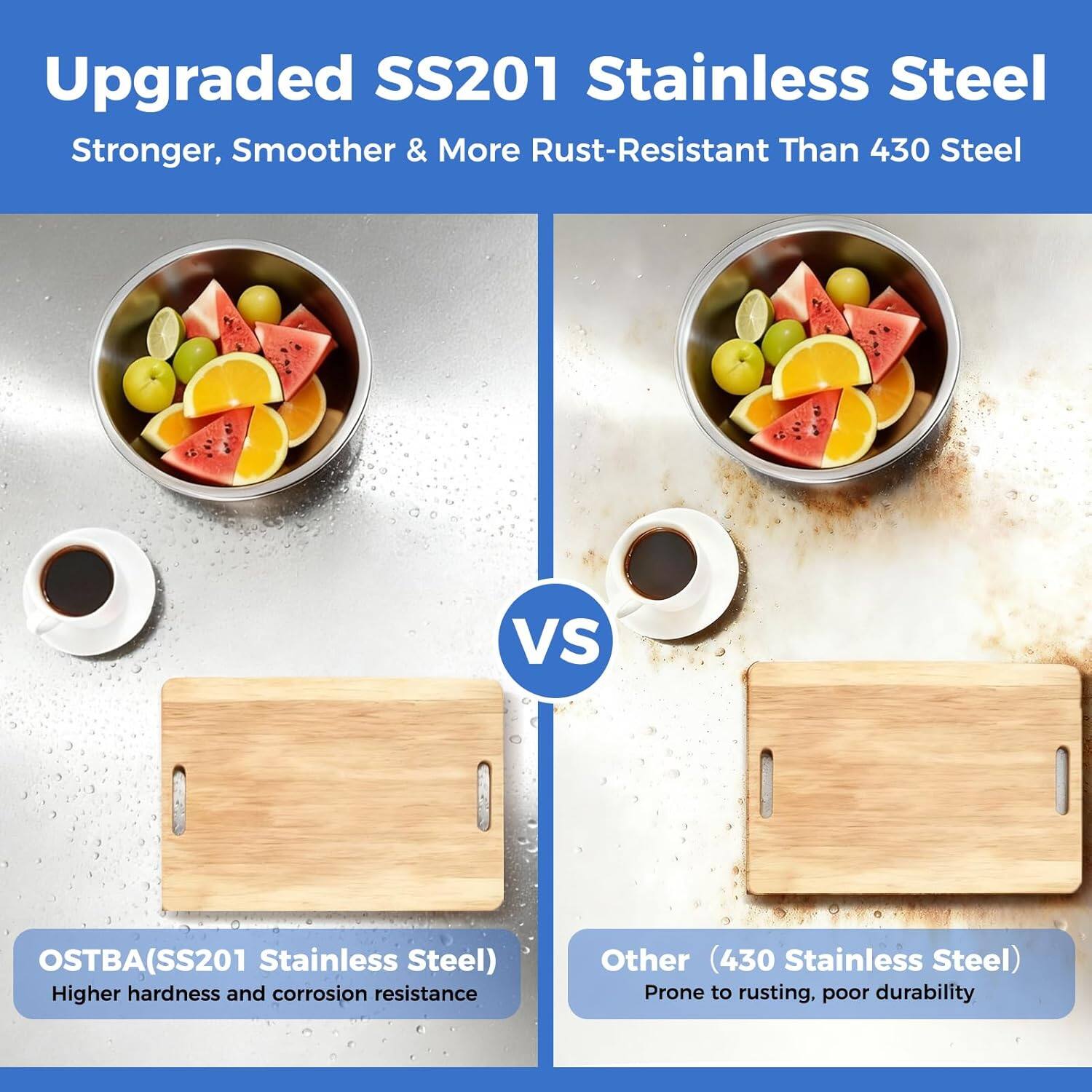 Upgraded SS201 Stainless Steel  
Stronger, Smoother & More Rust-Resistant Than 430 Steel

OSTBA(SS201 Stainless Steel)  
Higher hardness and corrosion resistance

Other (430 Stainless Steel)  
Prone to rusting, poor durability