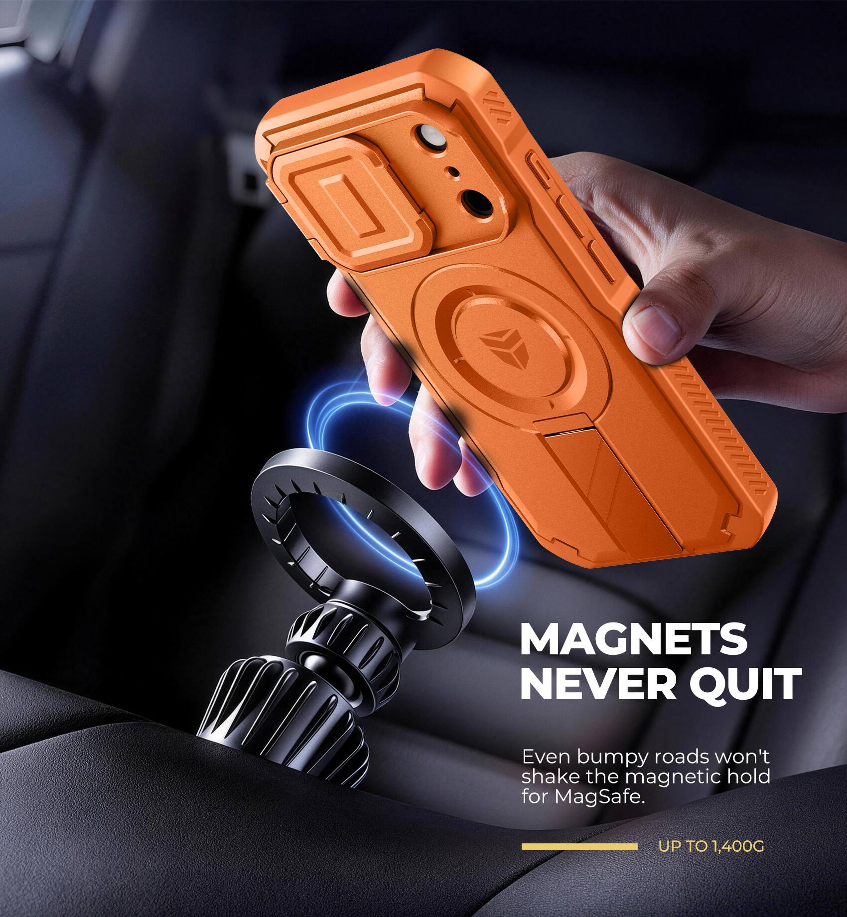 MAGNETS NEVER QUIT

Even bumpy roads won't shake the magnetic hold for MagSafe.

UP TO 1,400G
