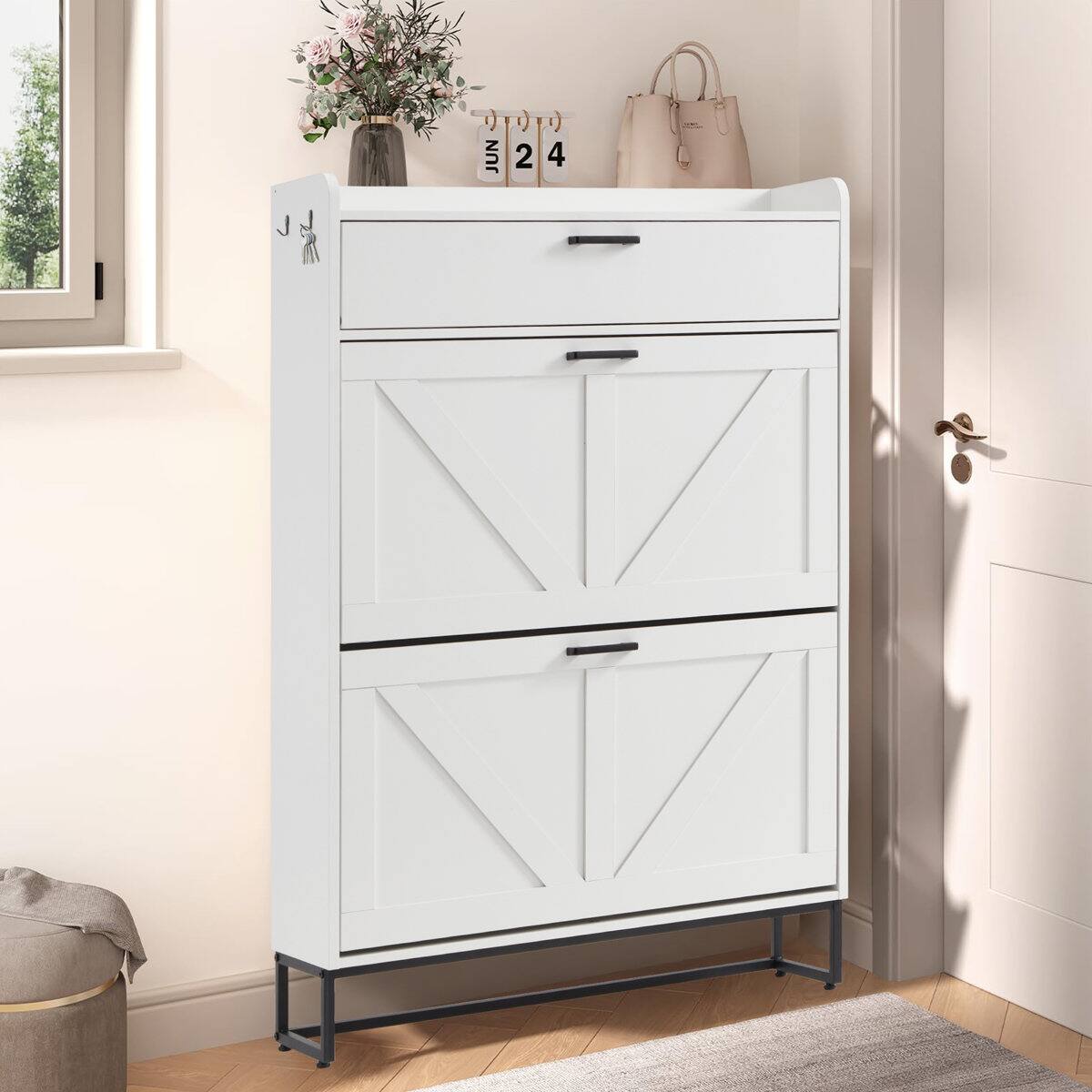 Alt View 7. U-HOMY - Shoe Storage Cabinet with 2 Flip Drawers, Freestanding Entryway Organizer with Adjustable Shelves and Side Hooks - White.