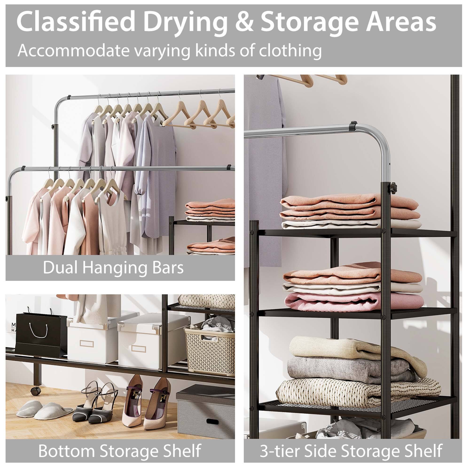 Classified Drying & Storage Areas
Accommodate varying kinds of clothing
Dual Hanging Bars
Bottom Storage Shelf
3-tier Side Storage Shelf