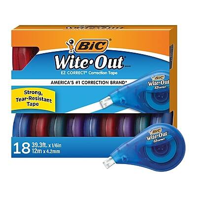 BIC Wite-Out EZ Correct Correction Tape  
AMERICA'S #1 CORRECTION BRAND*  
Strong, Tear-Resistant Ear-Tape  

18 Rolls  
39.3ft. x 1/6in  
12m x 4.2mm  

BIC Wite-Out EZ Correct