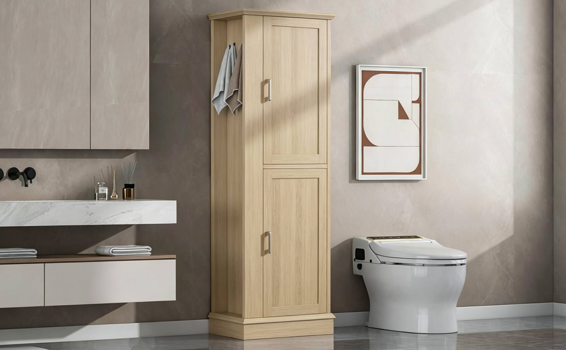 Alt View 3. Loheer - Loheer Tall Bathroom Storage Cabinet Freestanding Organizer with Adjustable Shelves and Hooks Natural MDF - Natural.
