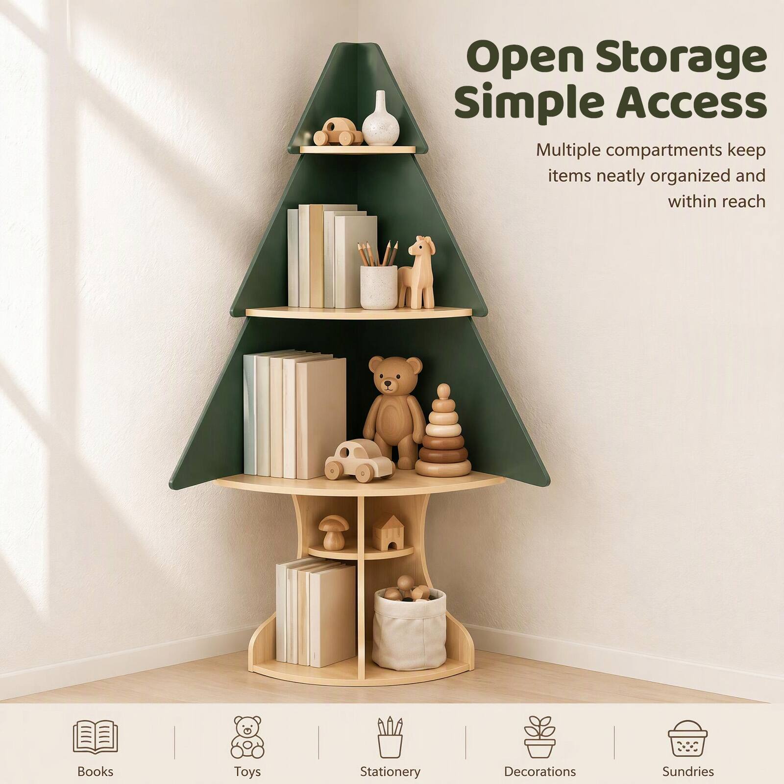 Costway Corner Tree Bookshelf with Toy Storage Organizer Wooden ...