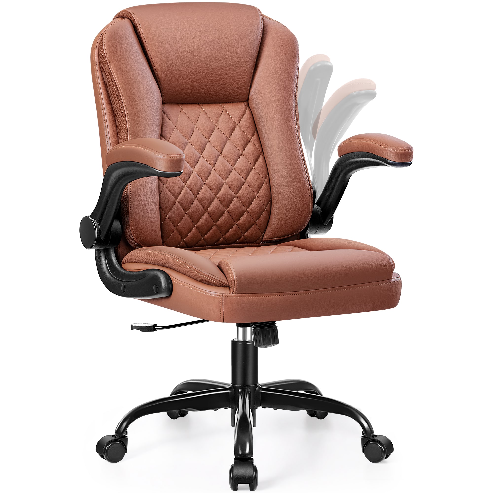 KERDOM - Ergonomic PU Small Leather Chair Office Desk Chair with Wheels, Tilt Mid Back Computer Chair Swivel Task Work Chair - Brown