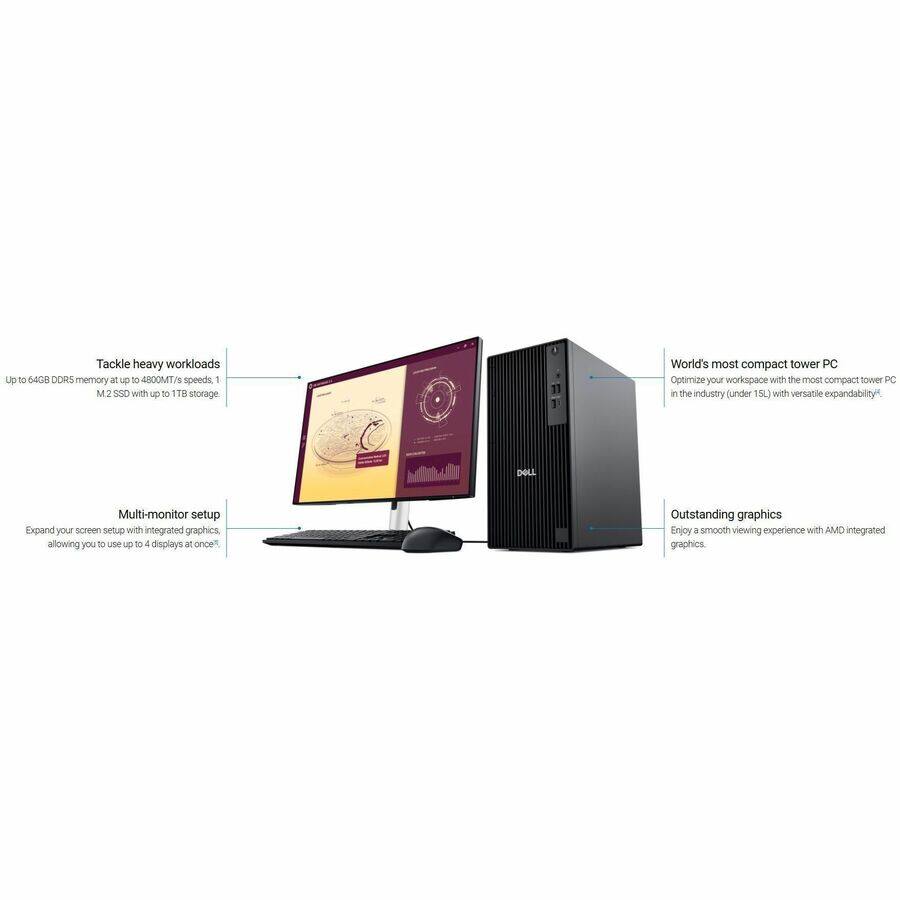 Tackle heavy workloads with up to 64GB DDR5 memory at up to 4800MT/s speeds and 1 M.2 SSD with up to 1TB storage.  
World's most compact tower PC: Optimize your workspace with the most compact tower PC in the industry (under 15L) with versatile expandability.  
Multi-monitor setup: Expand your screen setup with integrated graphics, allowing you to use up to 4 displays at once.  
Outstanding graphics: Enjoy a smooth viewing experience with AMD integrated graphics.