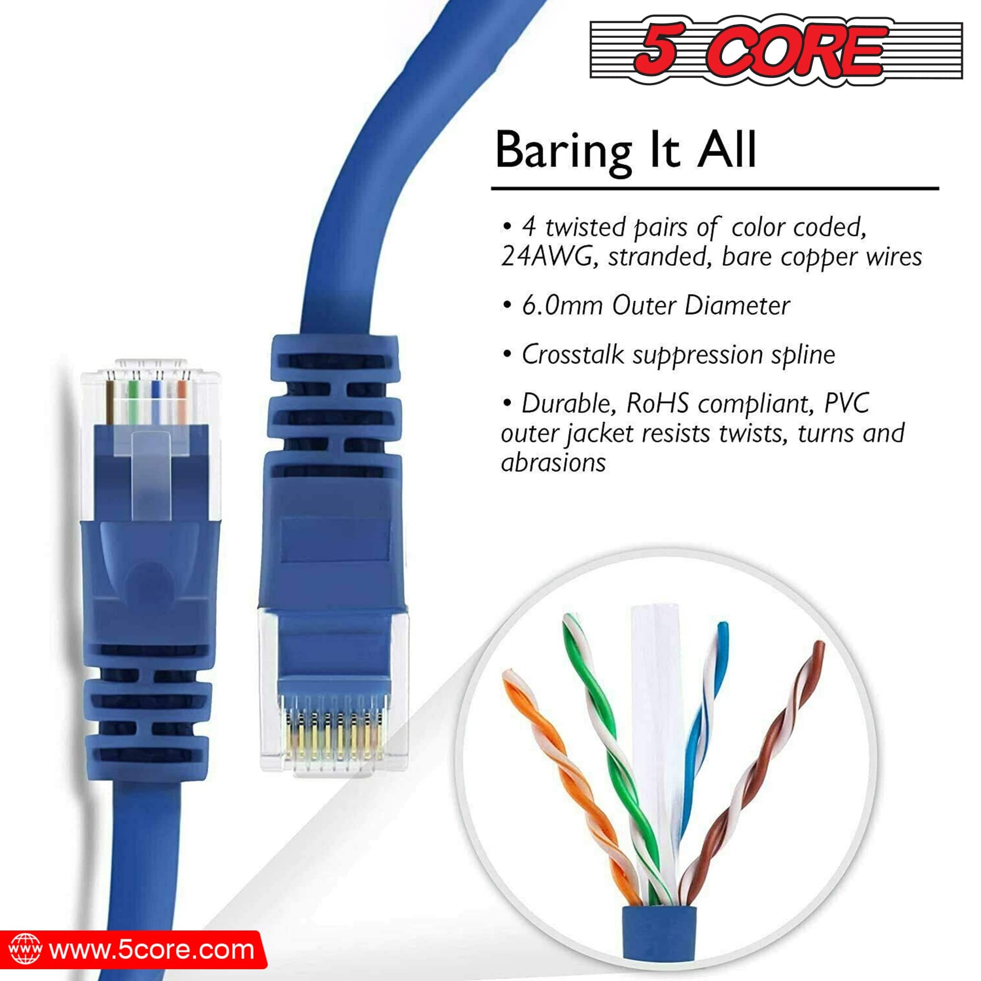 5 CORE Baring It All
- 4 twisted pairs of color-coded, 24AWG, stranded, bare copper wires
- 6.0mm Outer Diameter
- Crosstalk suppression spline
- Durable, RoHS compliant, PVC outer jacket resists twists, turns, and abrasions
www.5core.com
