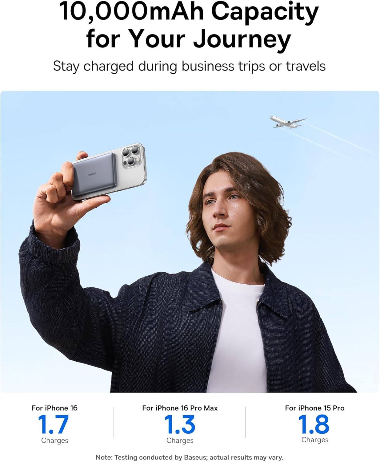 10,000mAh Capacity for Your Journey  
Stay charged during business trips or travels  

For iPhone 16  
1.7 Charges  

For iPhone 16 Pro Max  
1.3 Charges  

For iPhone 15 Pro  
1.8 Charges  

Note: Testing conducted by Baseus; actual results may vary.