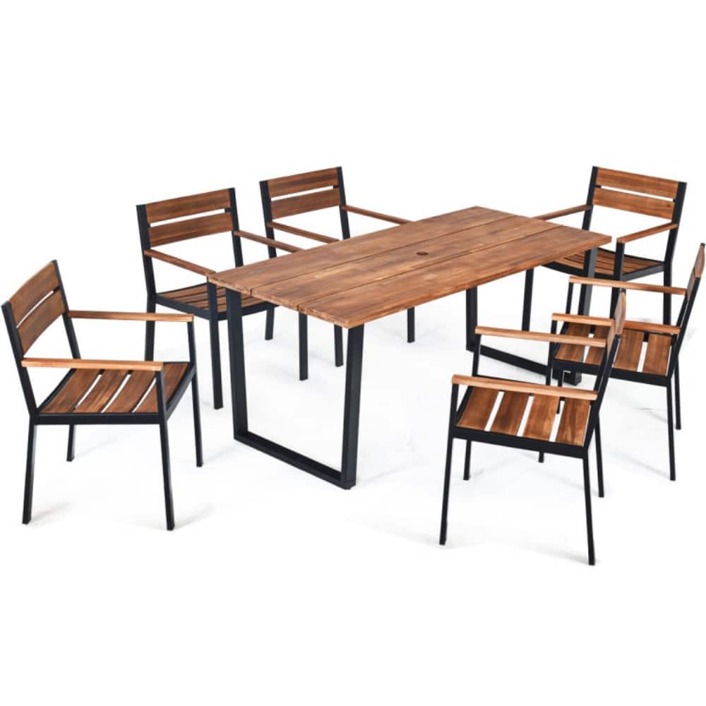 Mondawe - Patented 7 Pieces Patented Outdoor Patio Dining Table Set with Hole - Brown
