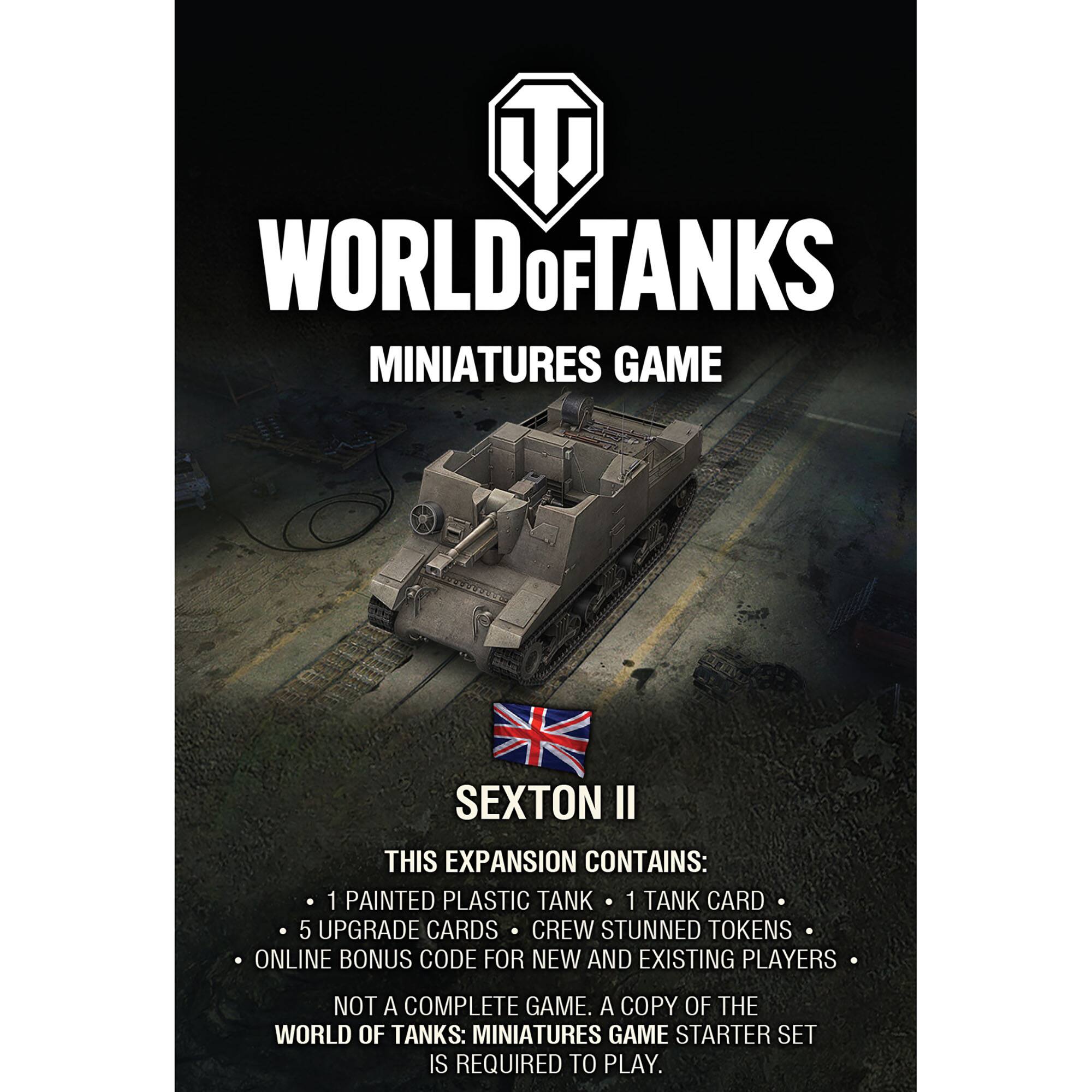 World of Tanks Miniatures Game Sexton II Expansion:
This expansion contains:
1 painted plastic tank
1 tank card
5 upgrade cards
crew stunned tokens
online bonus code for new and existing players
Not a complete game. A copy of the World of Tanks: Miniatures Game Starter Set is required to play.