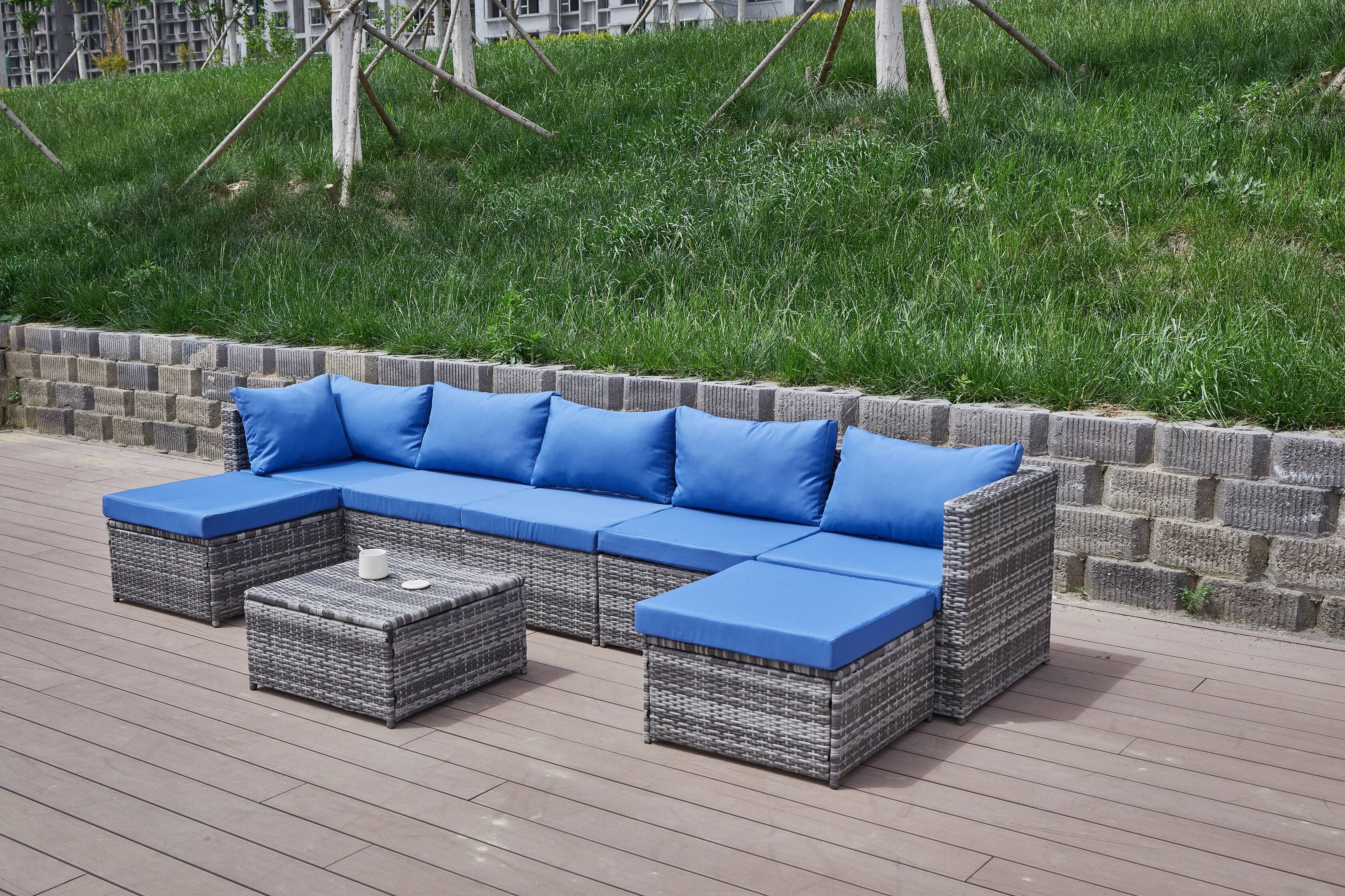 Alt View 7. Siljoy - Patio Sofa with Cushions - Blue+Grey.