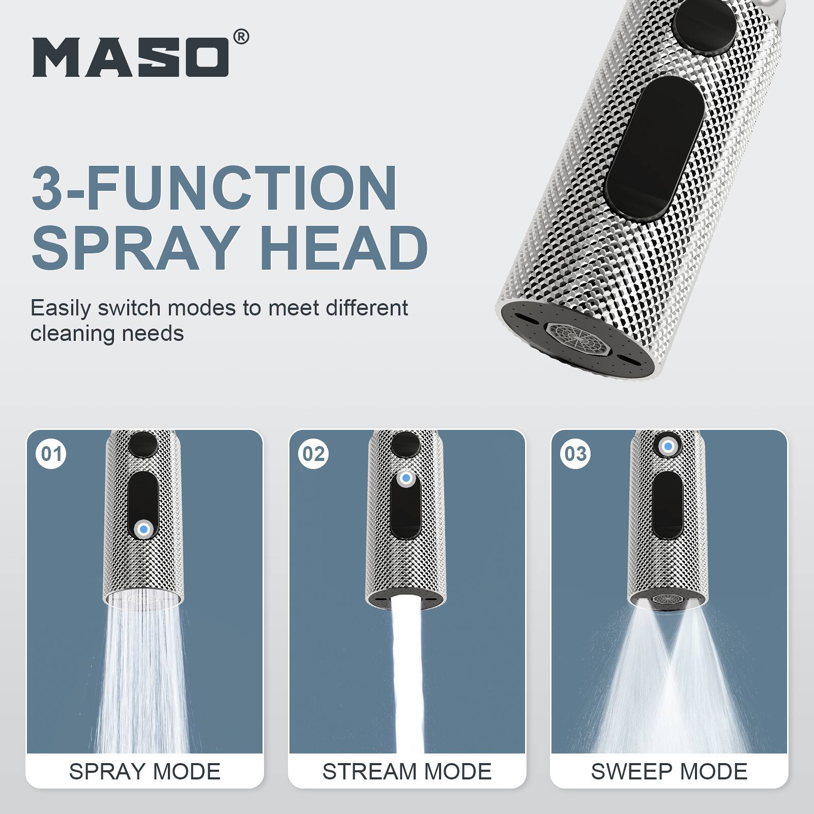 MASO  
3-FUNCTION SPRAY HEAD  
Easily switch modes to meet different cleaning needs  

01  
SPRAY MODE  

02  
STREAM MODE  

03  
SWEEP MODE