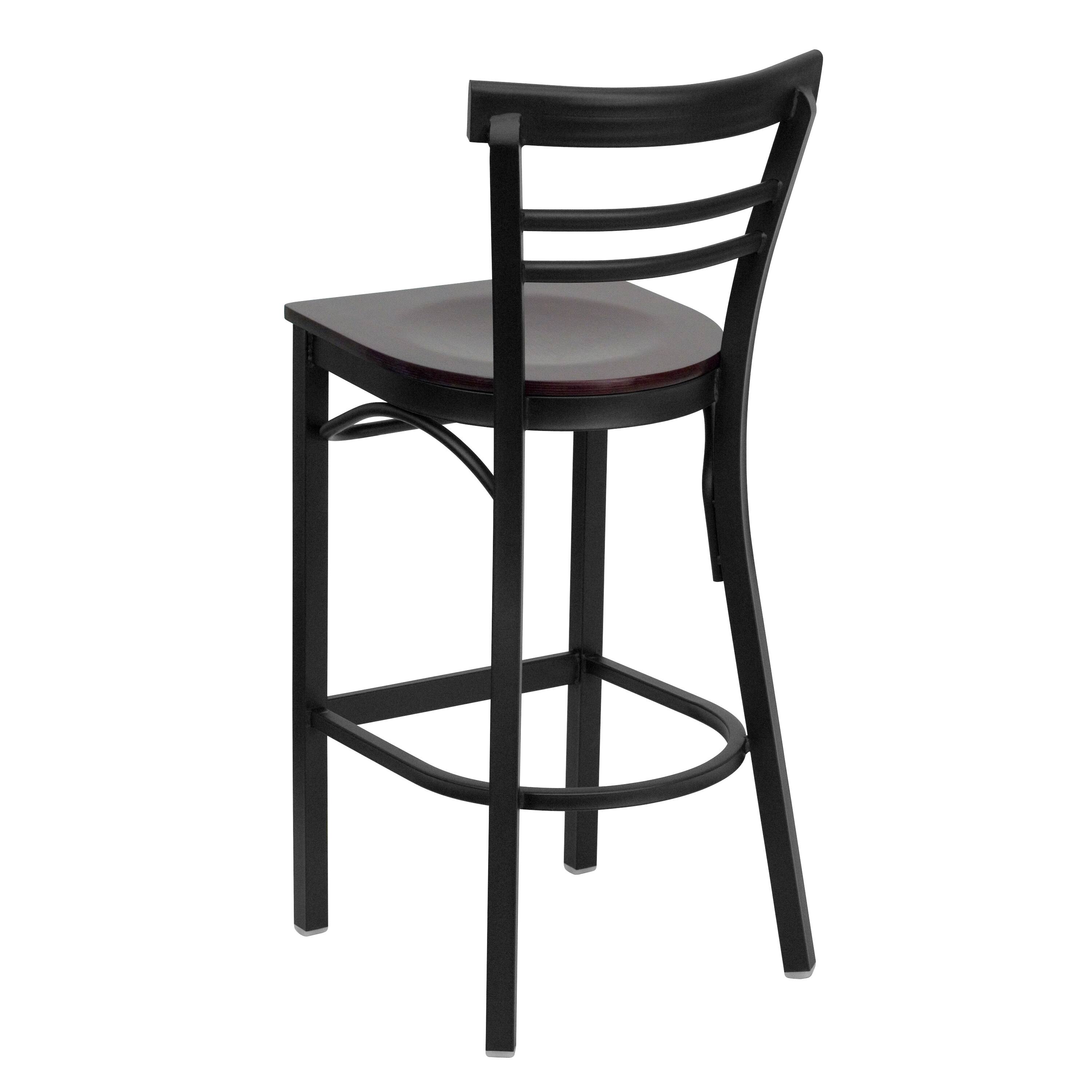 Alt View 3. Emma + Oliver - Two-Slat Ladder Back Metal Restaurant Dining Barstool - Mahogany Wood Seat/Black Metal Frame.