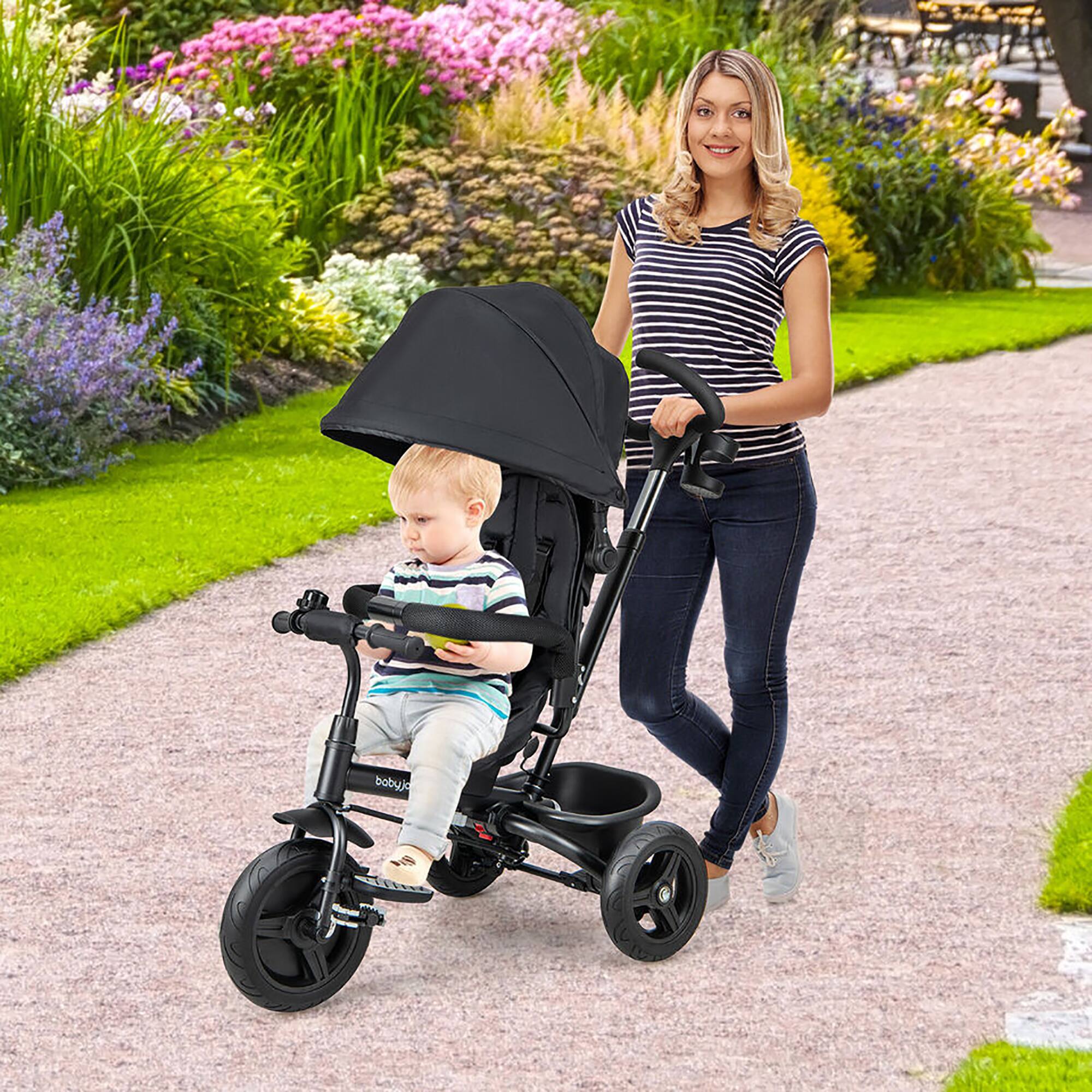 Alt View 3. Gymax - Gymax 4-in-1 Baby Tricycle Toddler Trike w/ Reversible Seat Canopy & Push Handle Black - Black.