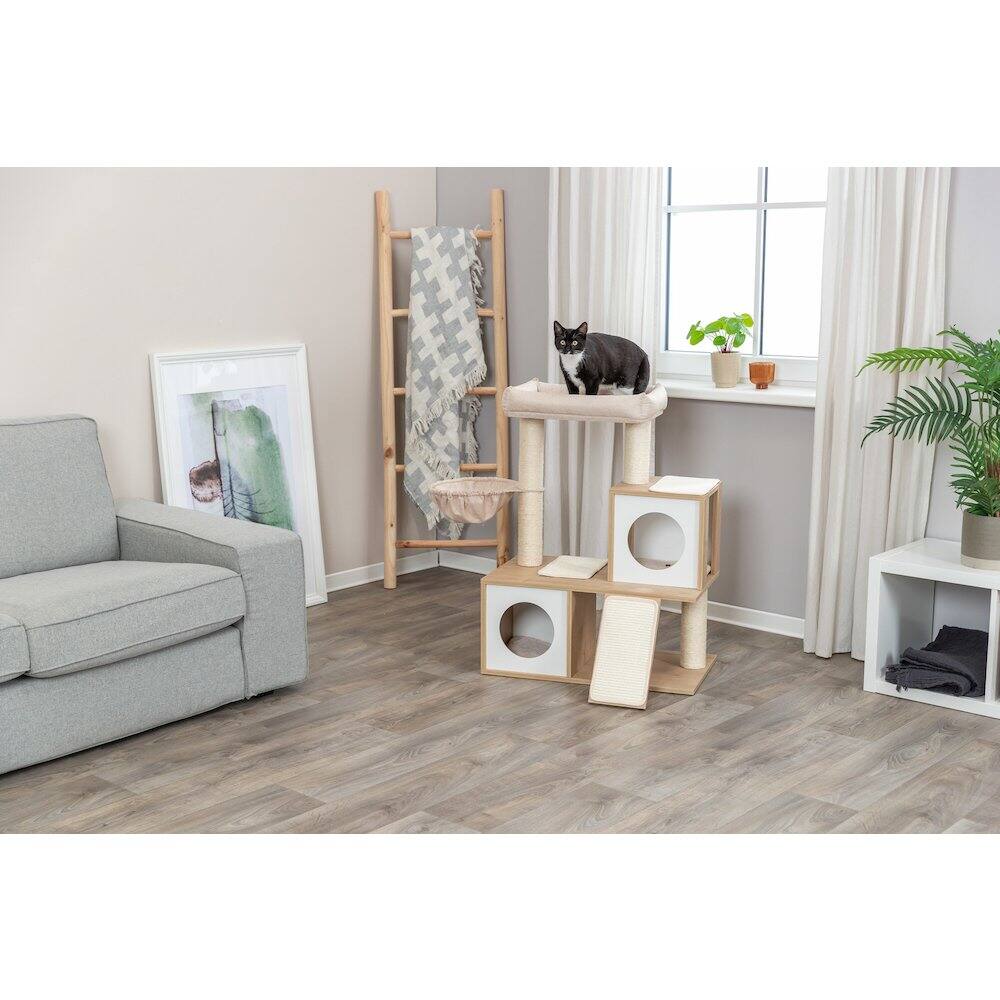 Angle. TRIXIE - Addison Sisal & Wood 35.5" Cat Tree, Modern Cat Tower, Condos, Hammock, Cozy Bed - Beige.