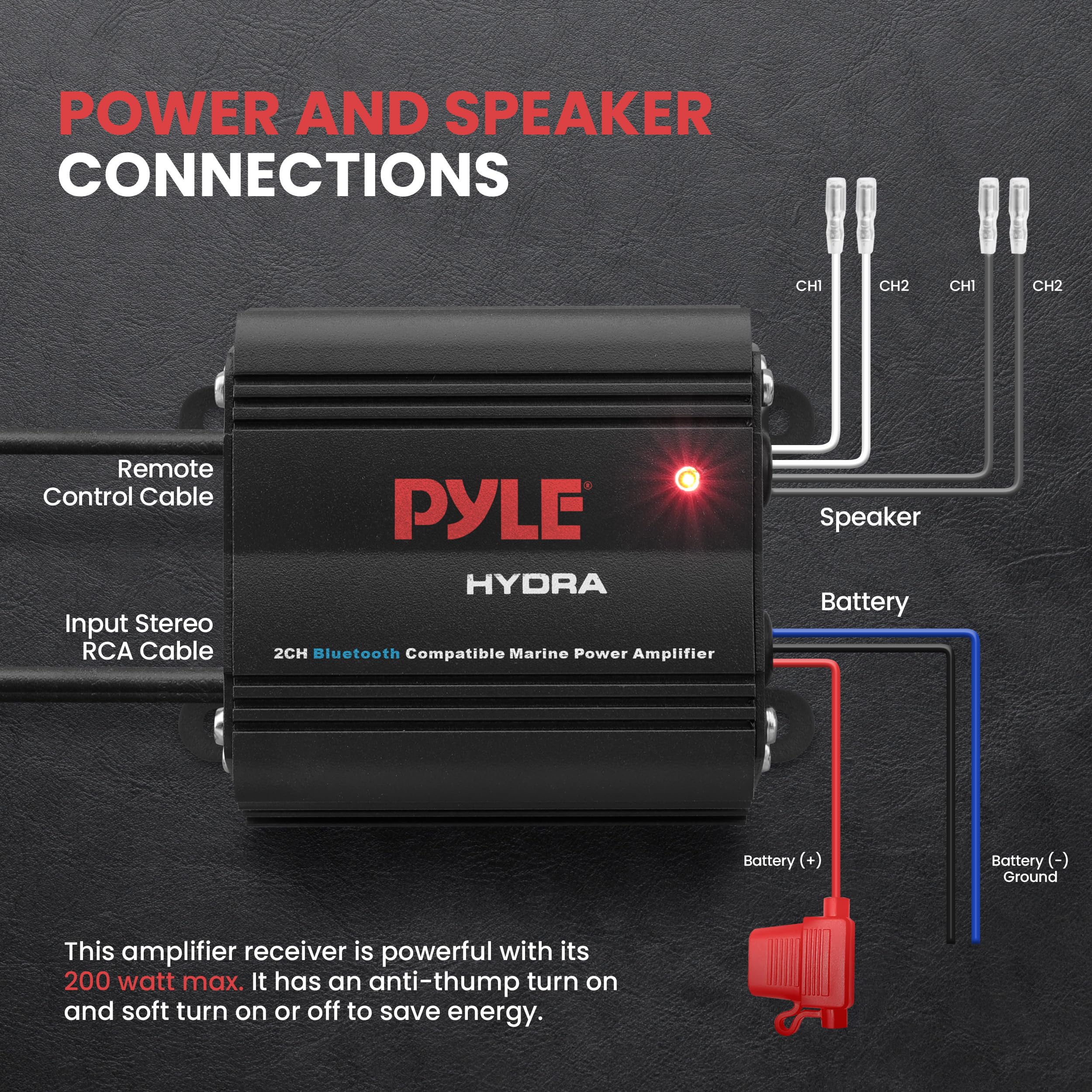POWER AND SPEAKER CONNECTIONS

- Remote Control Cable
- Input Stereo RCA Cable
- CH1
- CH2
- CH1
- CH2
- Battery (+)
- Battery (-)
- Ground

This amplifier receiver is powerful with its 200 watt max. It has an anti-thump turn on and soft turn on or off to save energy.