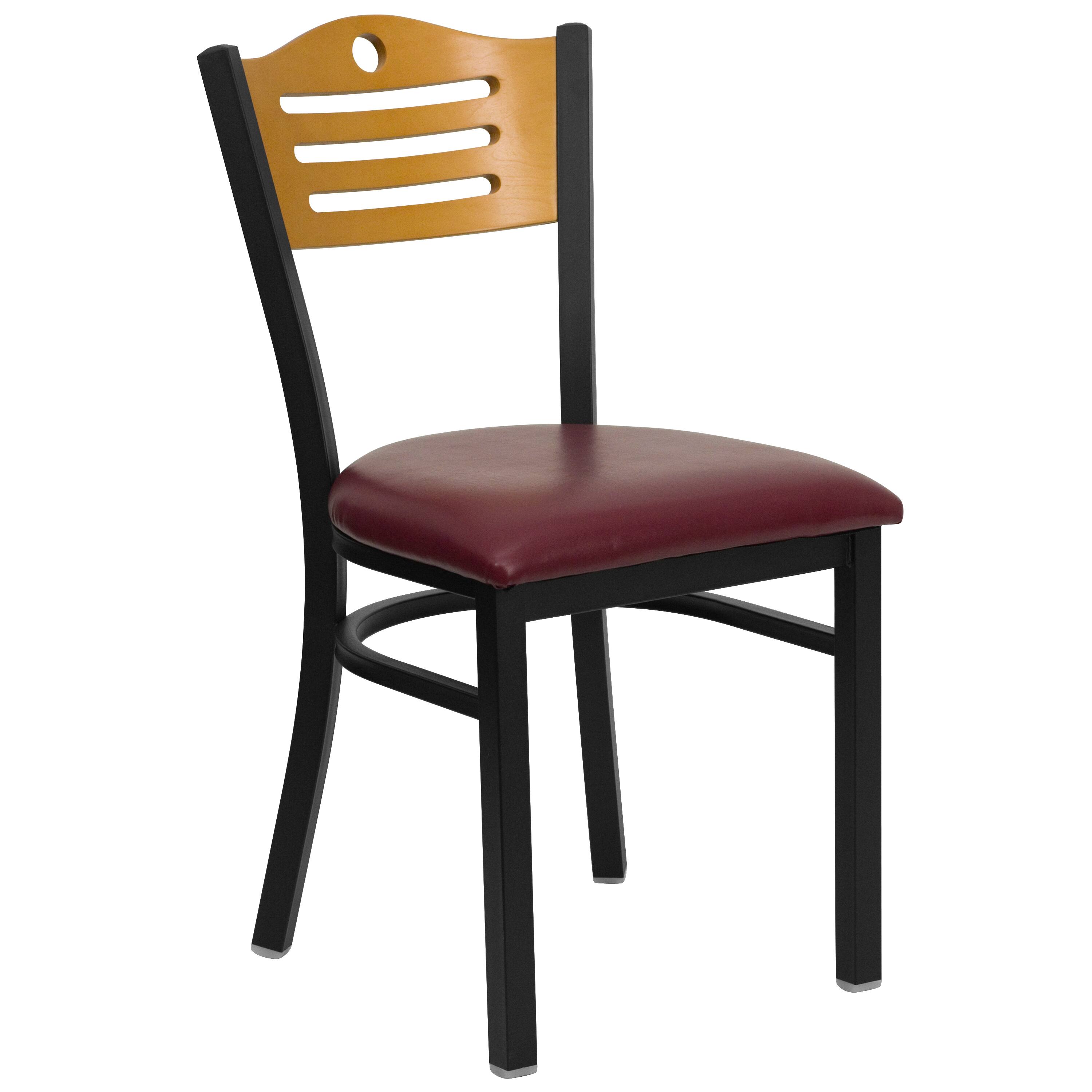 Alt View 7. Emma + Oliver - 2 Pack Slat Back Metal Restaurant Chair - Natural Wood Back/Burgundy Vinyl Seat/Black Metal.
