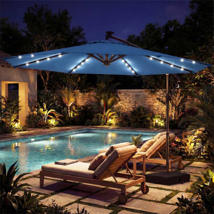 Left. Mondawe - 10 FT Solar LED Offset Cantilever Patio Umbrella Navy with Base - Navy.