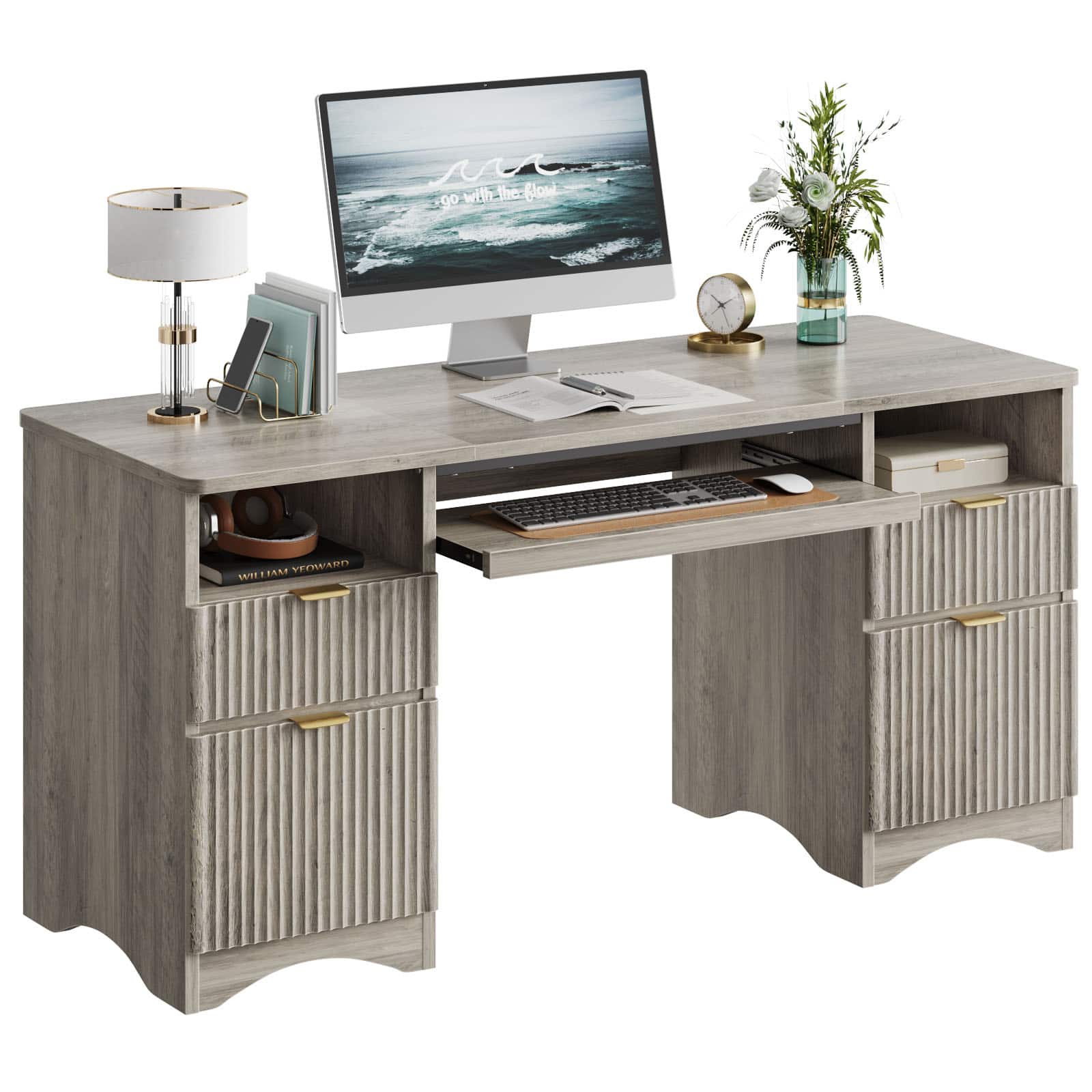 The text on the image is not coherent or relevant to the image content. The image features a desk with a computer, keyboard, and mouse, along with a clock and a vase with flowers. The text does not provide any context or information about the image.