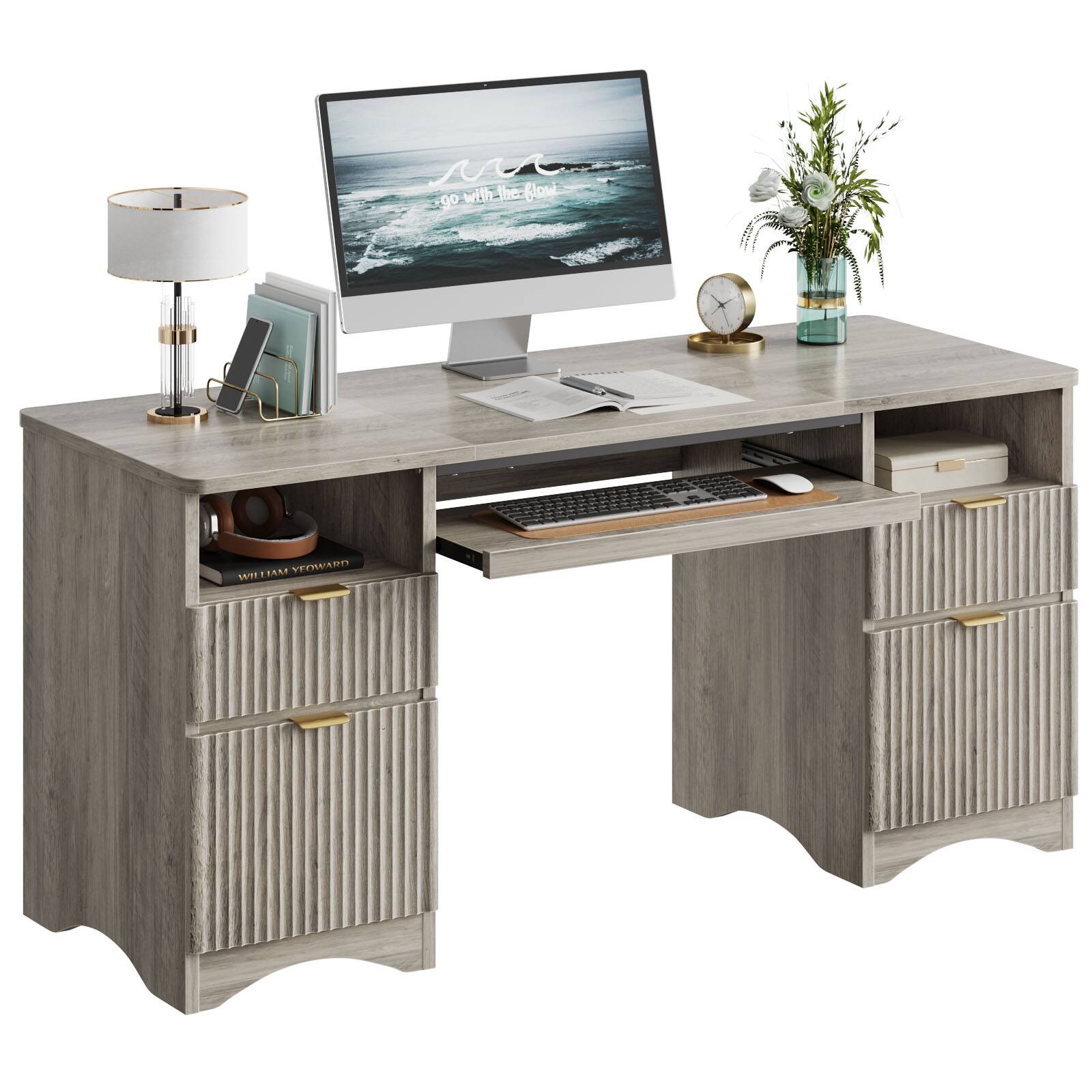 The text on the image is not coherent or relevant to the image content. The image features a desk with a computer, keyboard, and mouse, along with a clock and a vase with flowers. The text does not provide any context or information about the image.