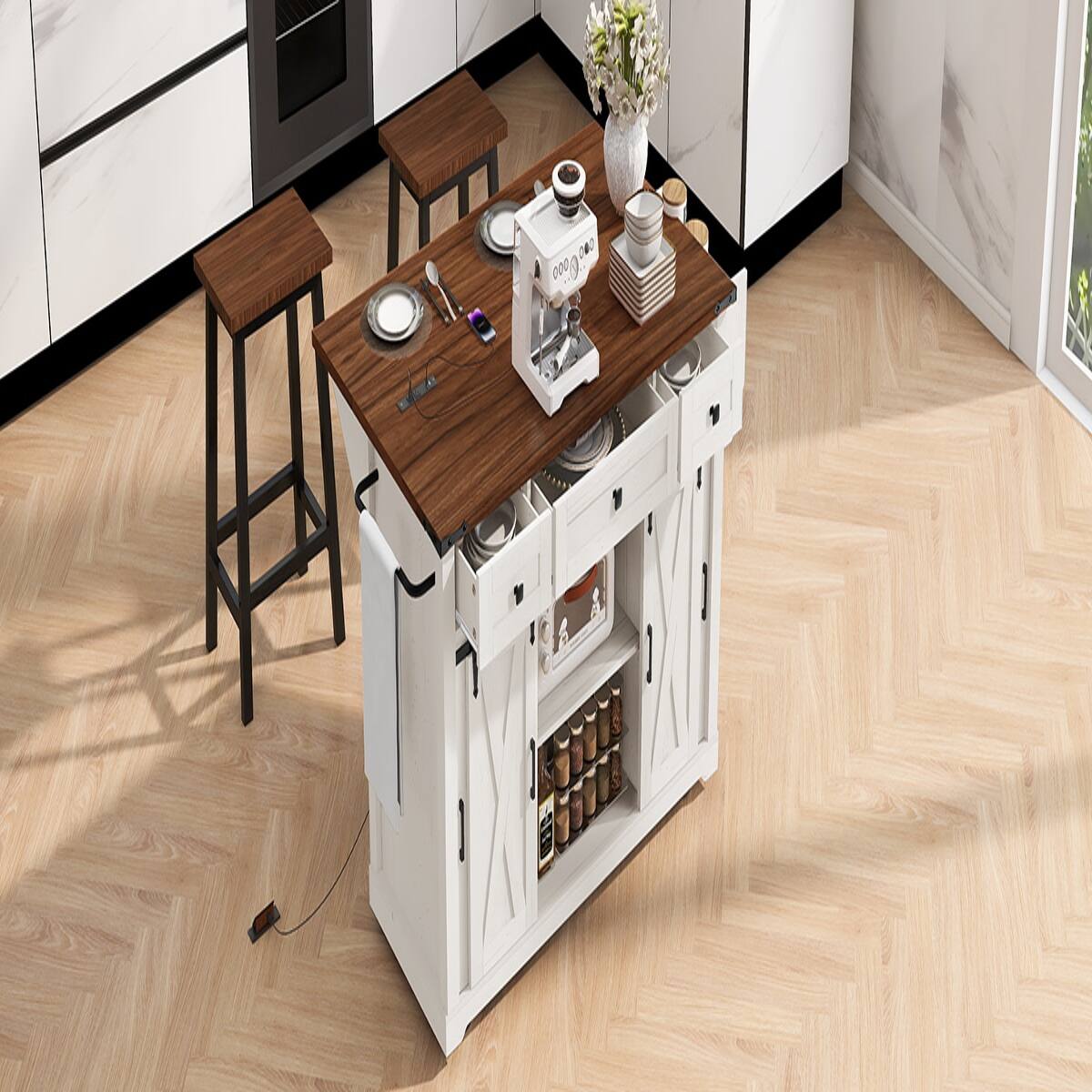 Back. Loheer - Loheer 58 inch farmhouse kitchen island with drop leaf, rolling kitchen island with storage, White - White.