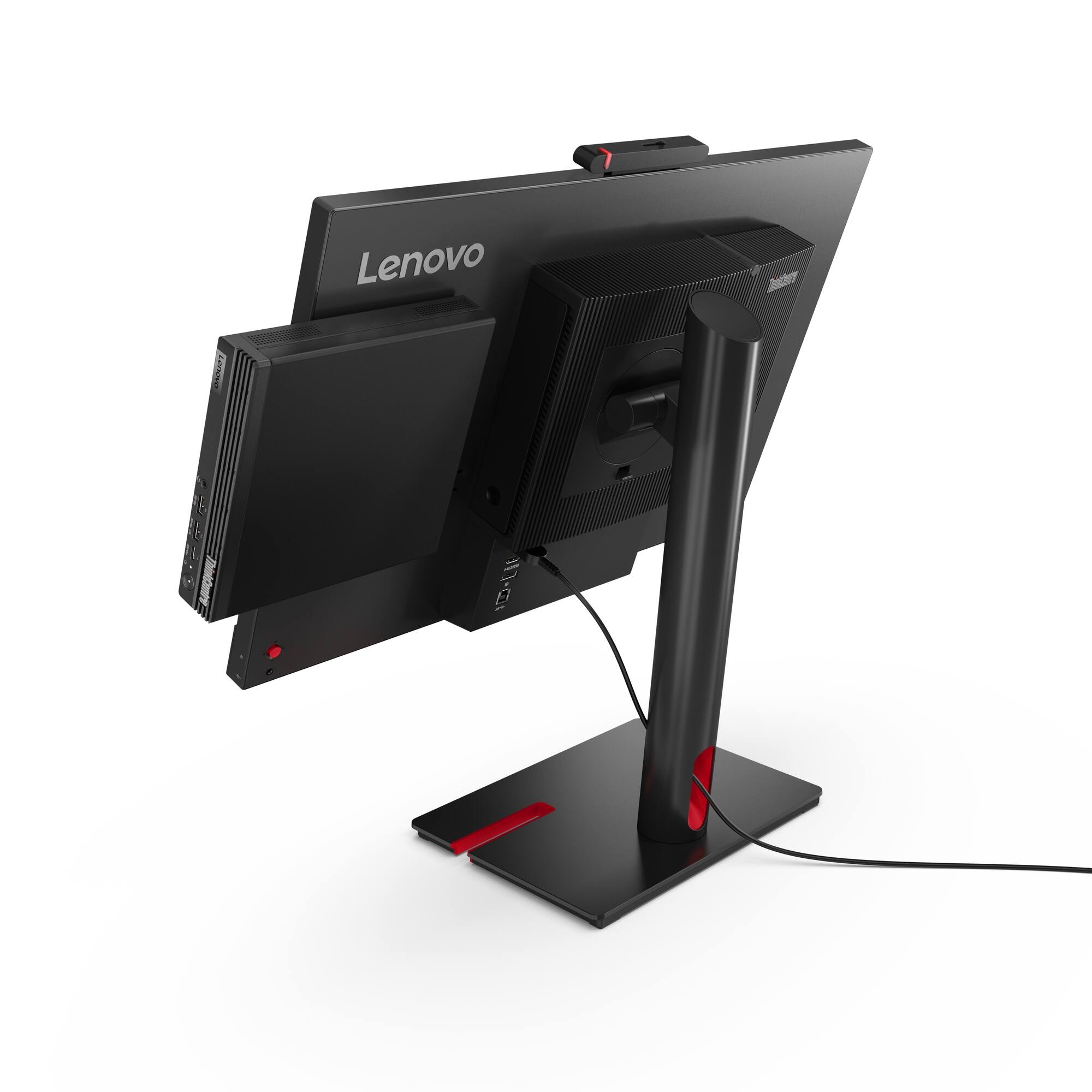 Lenovo has a monitor that is black and has a stand that is black and red.