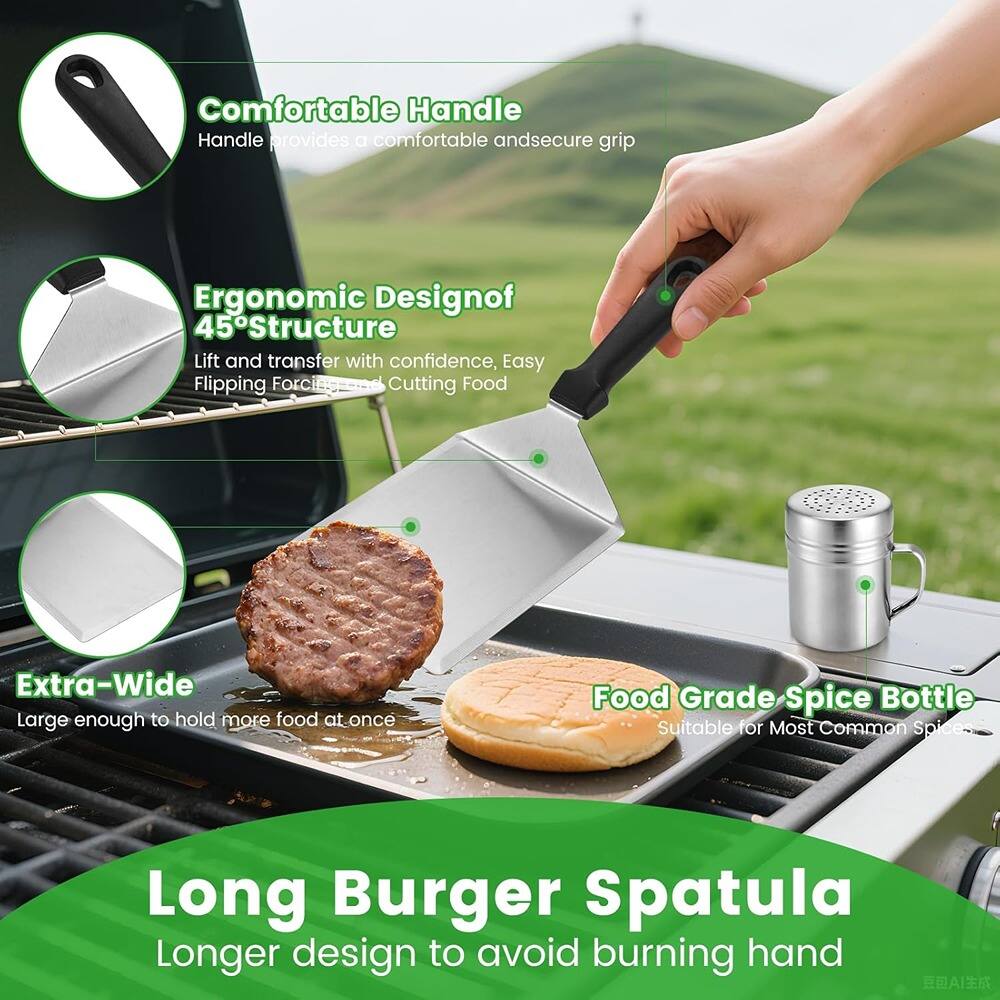 - Comfortable Handle: Handle provides a comfortable and secure grip.
- Ergonomic Design of 45° Structure: Lift and transfer with confidence, Easy Flipping, Forcise, Cutting Food.
- Extra-Wide: Large enough to hold more food at once.
- Food Grade Spice Bottle: Suitable for Most Common Spices.
- Long Burger Spatula: Longer design to avoid burning hand.