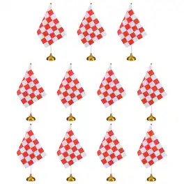 Unique Bargains - 12pcs 12" R/W Checkered Table Flag for Racing/Sport Party, White Plastic Stick & Gold Round Base - Red and White Flag, Gold Base
