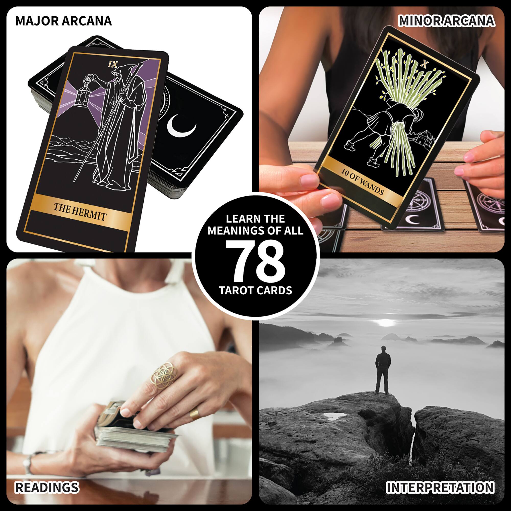 MAJOR ARCANA  
MINOR ARCANA  
IX THE HERMIT  
LEARN THE MEANINGS OF ALL 78 TAROT CARDS  
10 OF WANDS  
READINGS  
INTERPRETATION