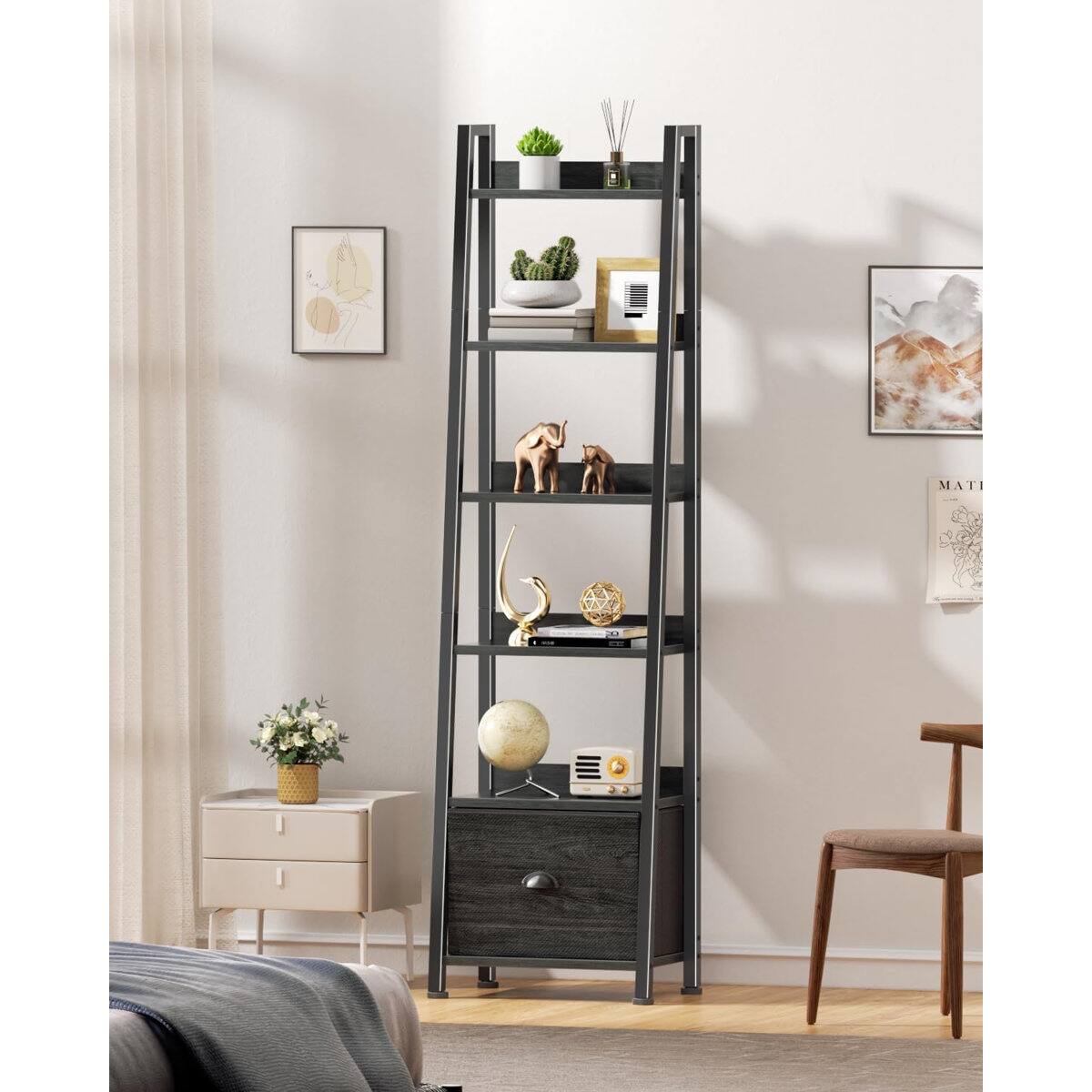 Alt View 2. Furnulem - 5 Tier Ladder Shelf with Storage Drawers Wooden Metal Frame Freestanding Bookcase for Living Room - Black.