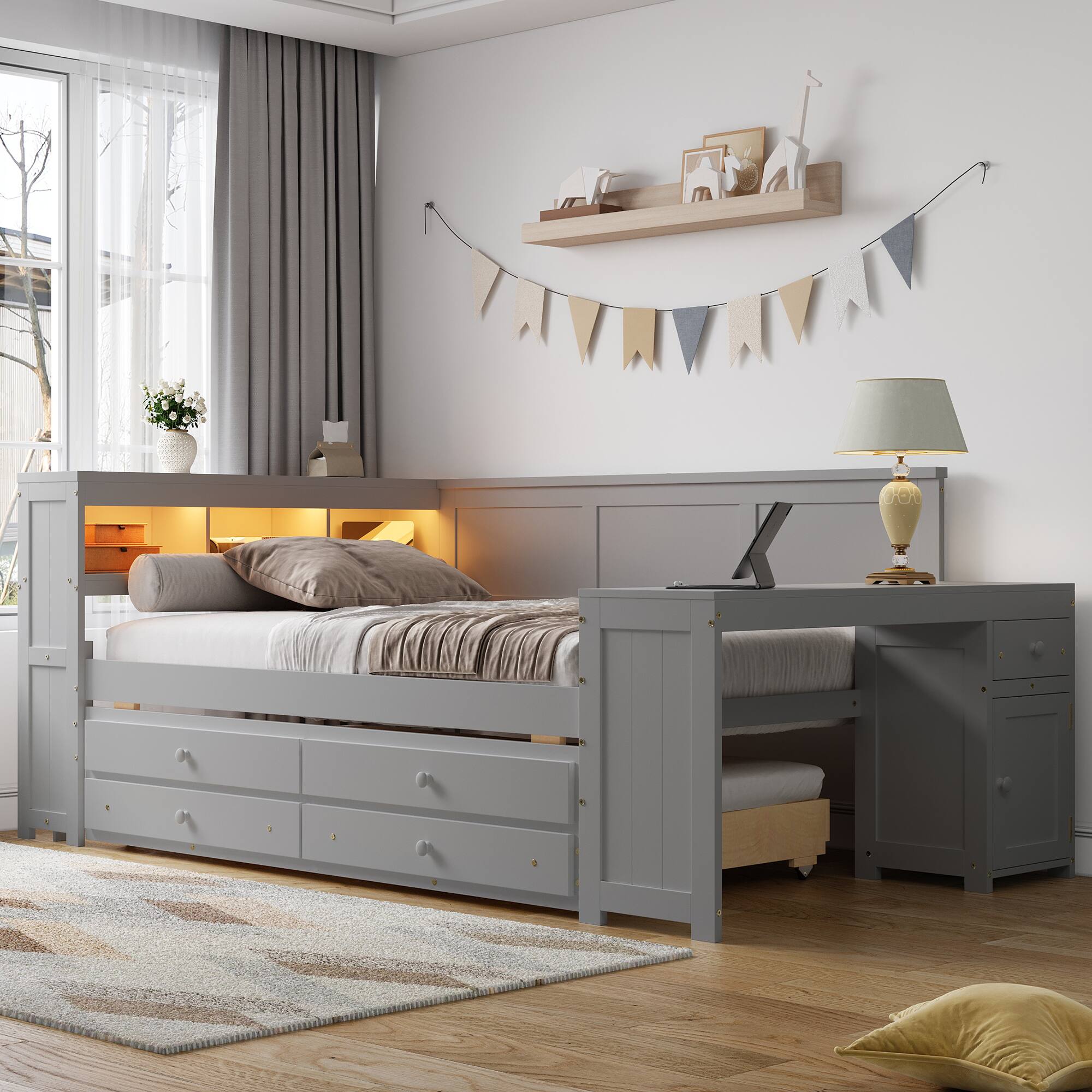 Angle. Anysun - Full Size Space‑Saving Multifunctional Bed with Trundle, Charging Station & LED Light, Solid Pine Wood Construction - Grey.