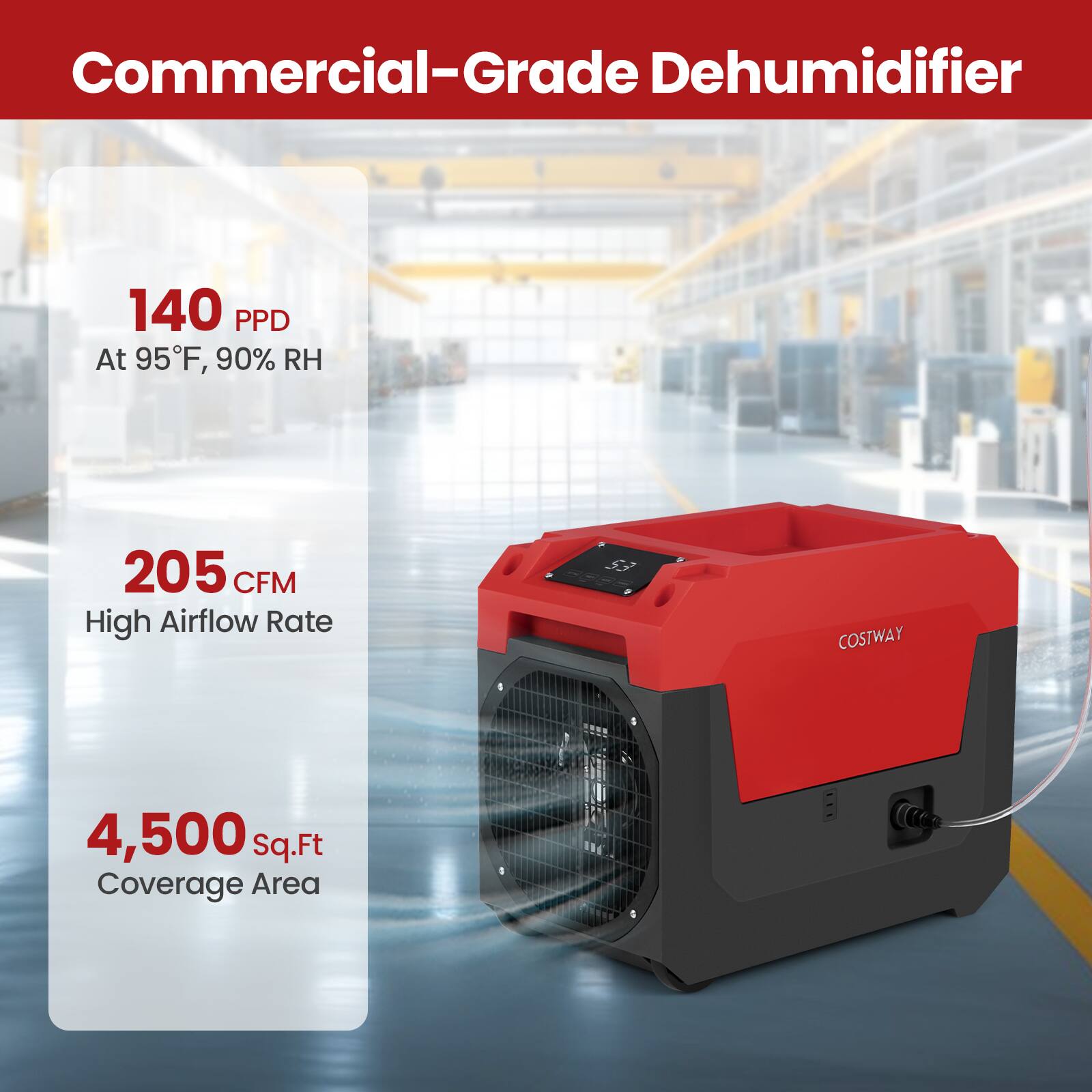 Commercial-Grade Dehumidifier

140 PPD  
At 95°F, 90% RH

205 CFM  
High Airflow Rate

4,500 Sq.Ft  
Coverage Area