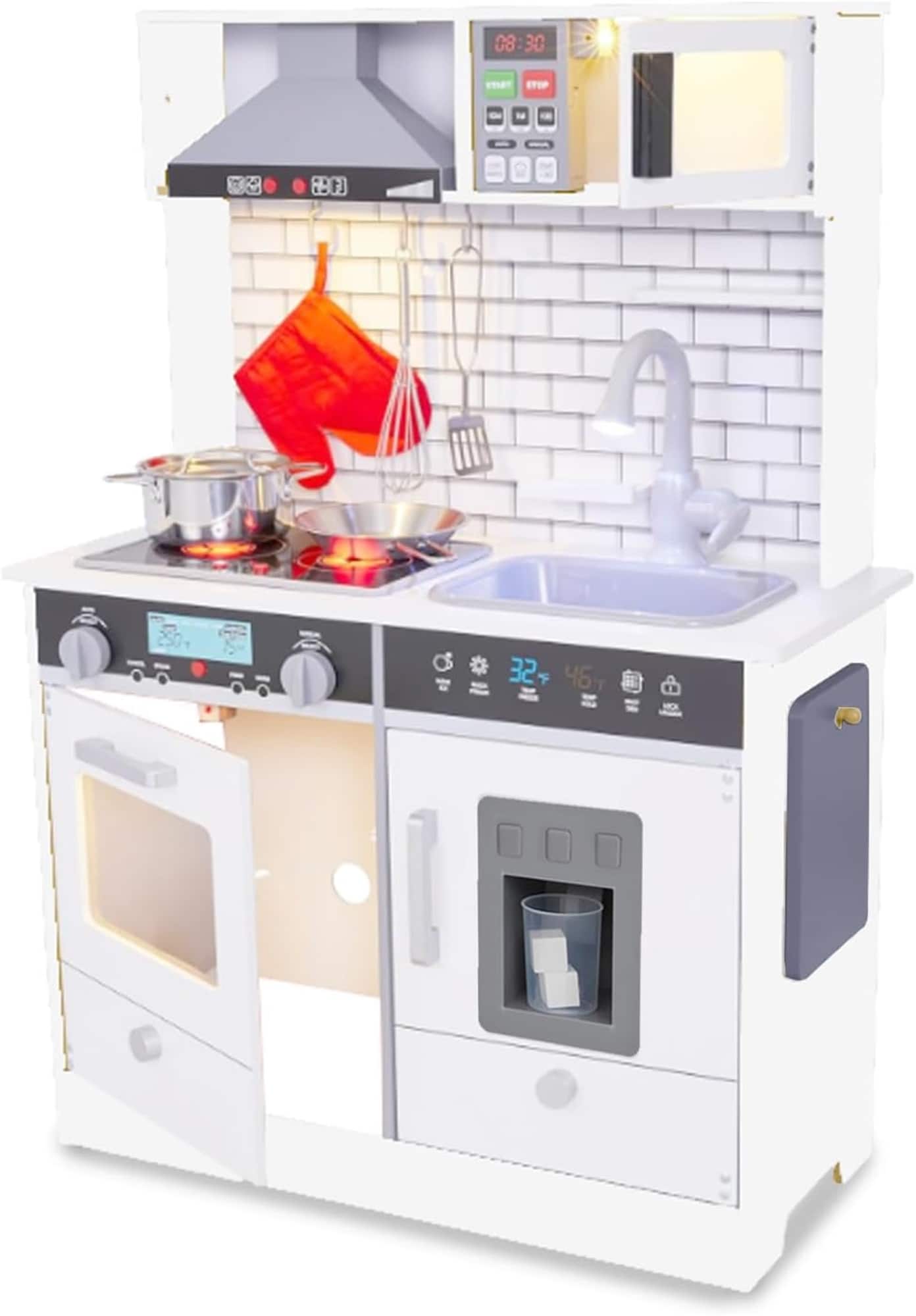 Lil' Jumbl - Small Kids Kitchen Playset, Pretend Kids Wooden Kitchen with Stovetop, Oven & More - White