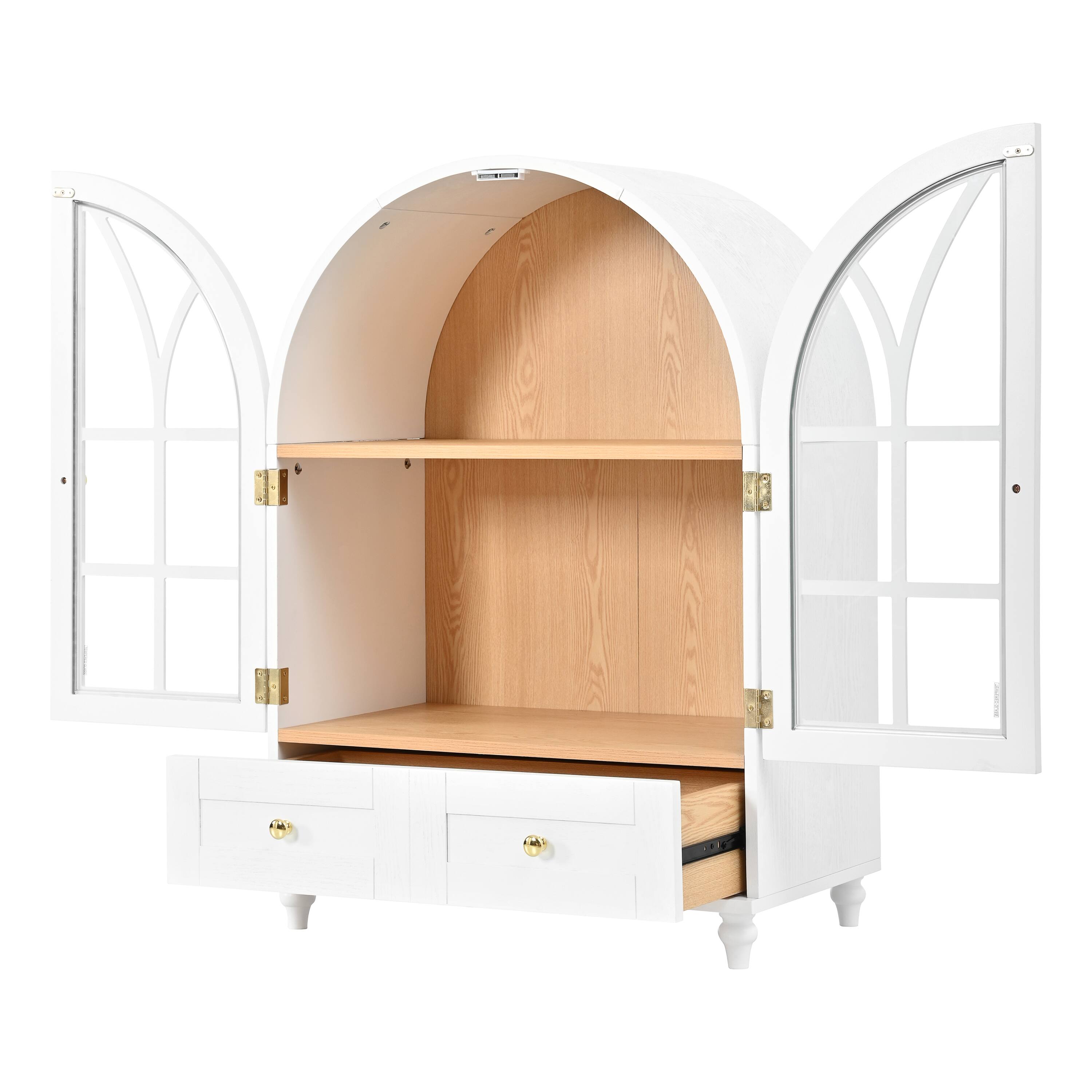 Alt View 3. Loheer - Loheer Arched Display Cabinet with Glass Doors, Wood Storage Accent Cabinet with Drawers for Living Room - Natural Wood Grain.