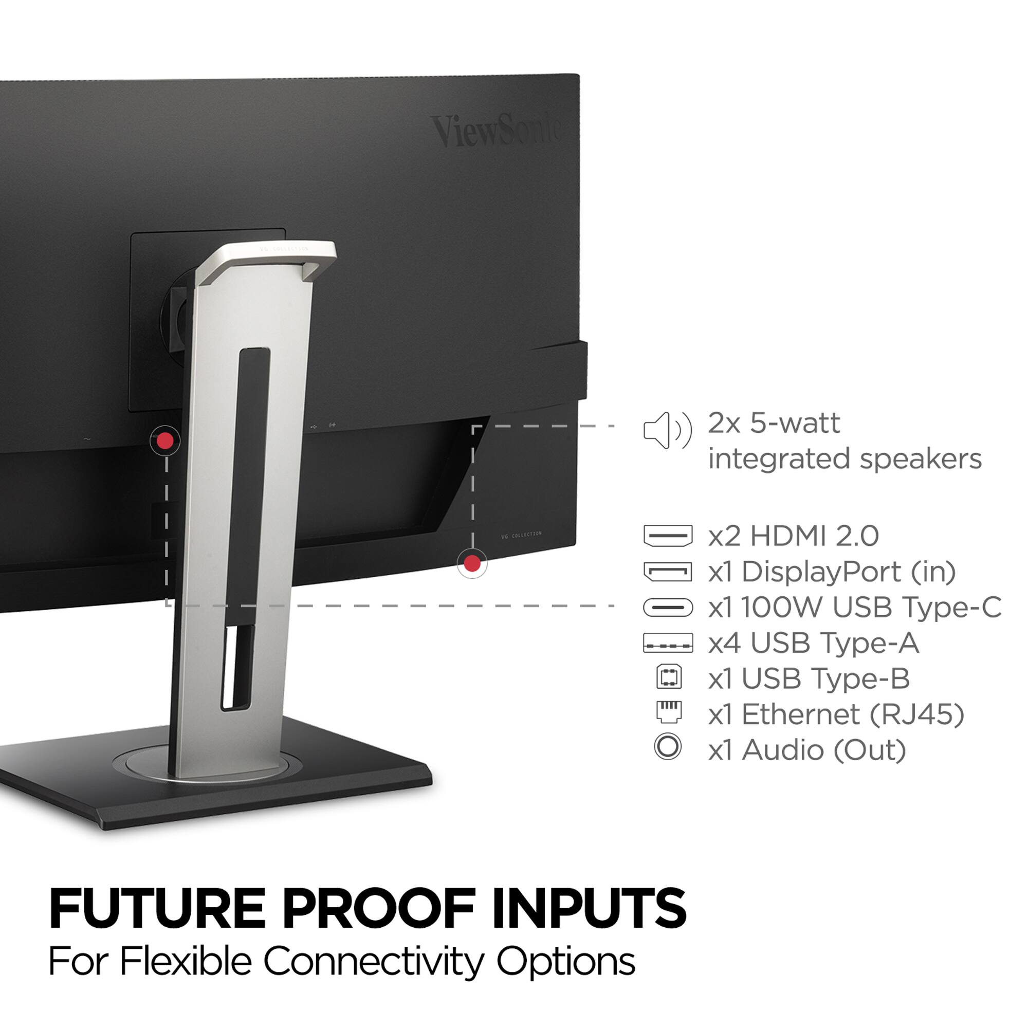 ViewSonic

2x 5-watt integrated speakers

FUTURE PROOF INPUTS  
For Flexible Connectivity Options

- 2x HDMI 2.0
- 1x DisplayPort (in)
- 1x 100W USB Type-C
- 4x USB Type-A
- 1x USB Type-B
- 1x Ethernet (RJ45)
- 1x Audio (Out)