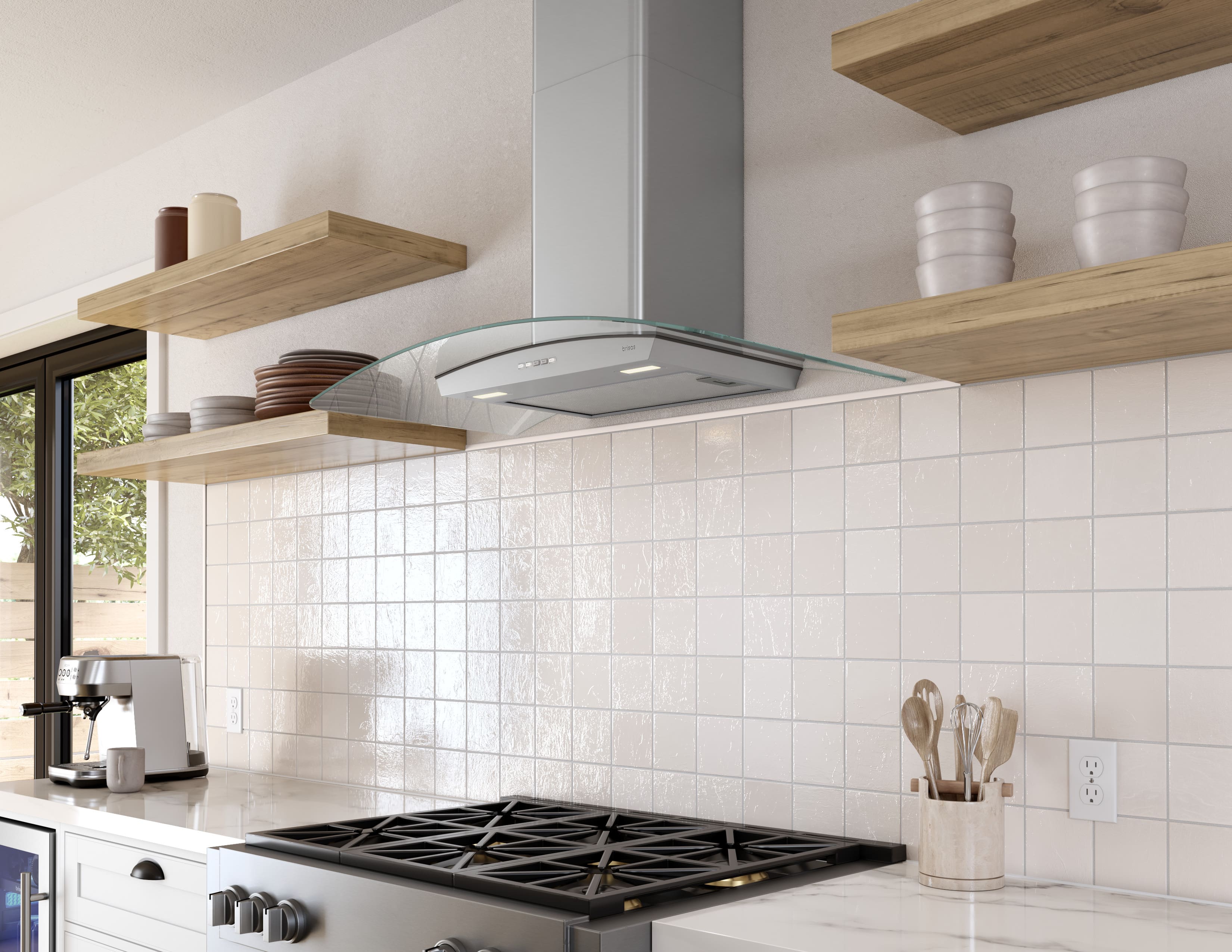 Alt View 12. Zephyr - Brisas 30 in. 600 CFM Curved Glass Wall Mount Range Hood with LED Lights - Stainless Steel + Glass.