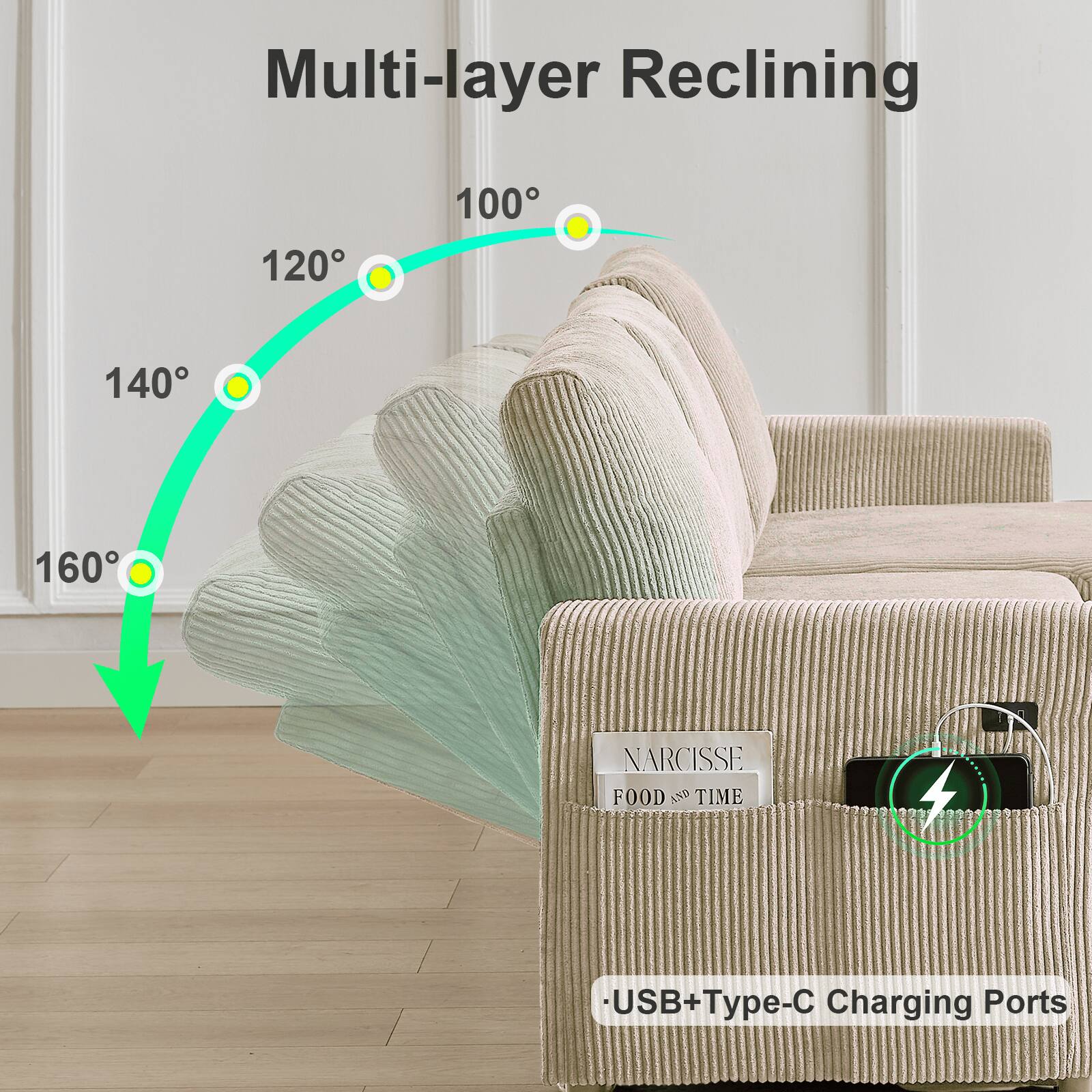 Multi-layer Reclining  
120° 100° 140° 160°  
NARCISSE FOOD AND TIME  
4 USB+Type-C Charging Ports