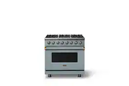 Viking - 36"W 5.6 Cu.Ft. Pro5S Freestanding Sealed 6 Burner Dual Fuel Convection LP Range - November Sky w. Brushed Brass Trim - November Sky