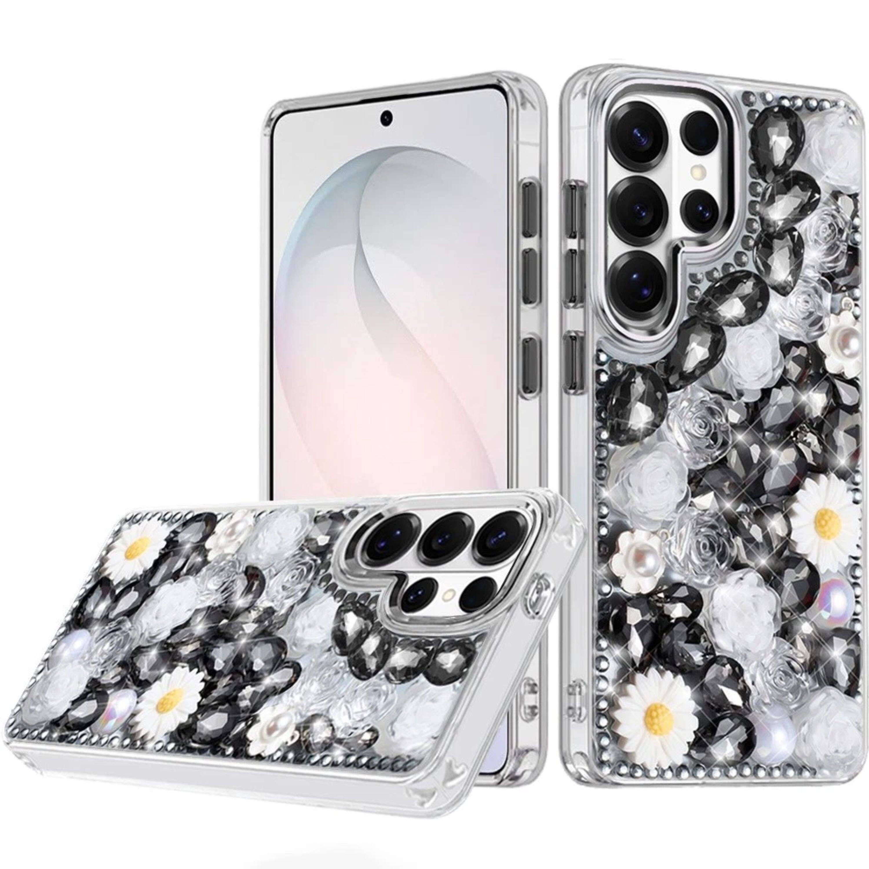 Angle. Kitcheniva - 3D Floral Rhinestone Jewel Case With Tempered Glass For Samsung S26 Ultra Black - Black.