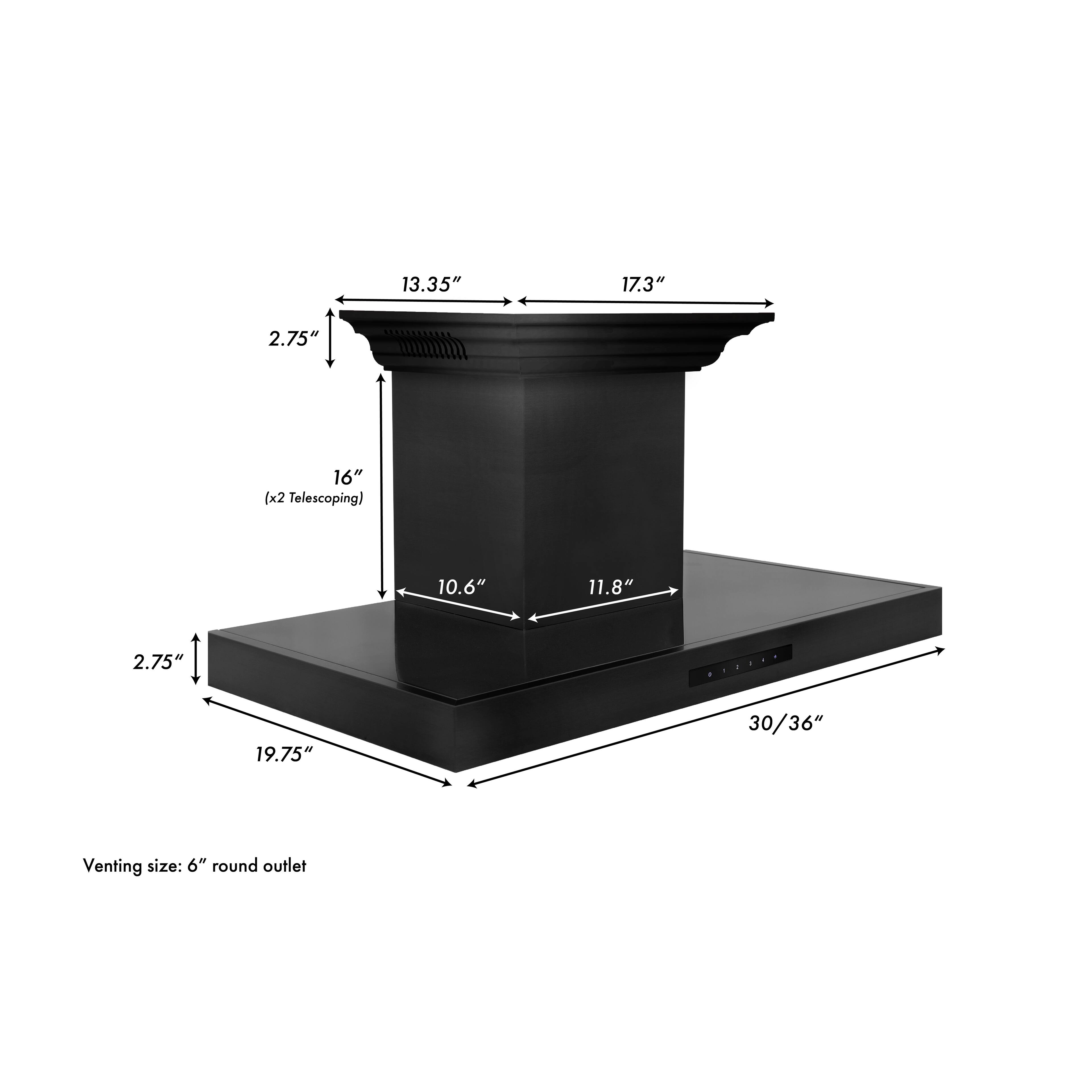 13.35" 17.3" 2.75" 16" (x2 Telescoping) 10.6" 11.8" 2.75" 19.75" 30/36" Venting size: 6" round outlet