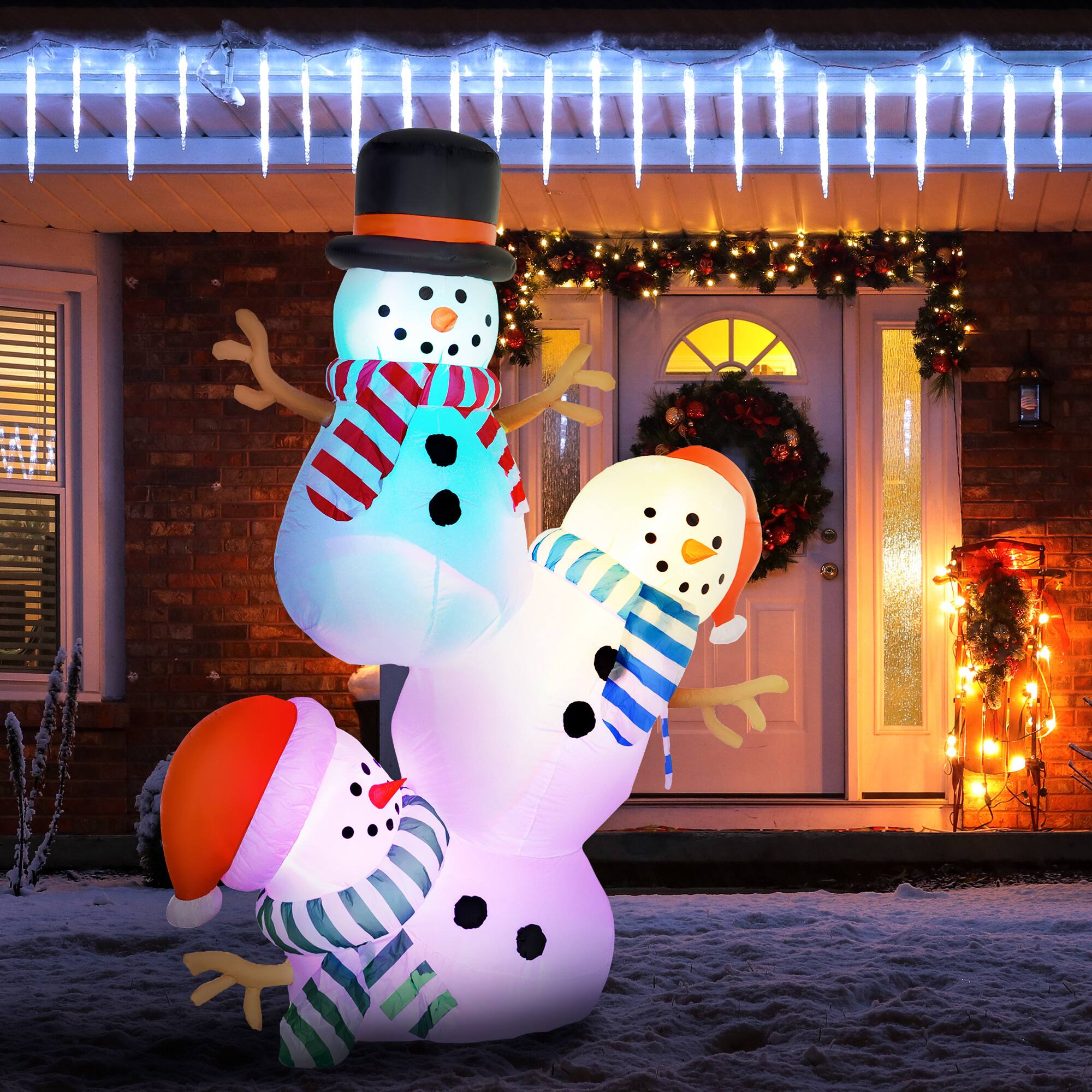 Alt View 1. Outsunny - 8.2ft Inflatable Three Stacked Snowmen with Colorful LEDs, Blow-Up Outdoor Decorations - Multi-colored.